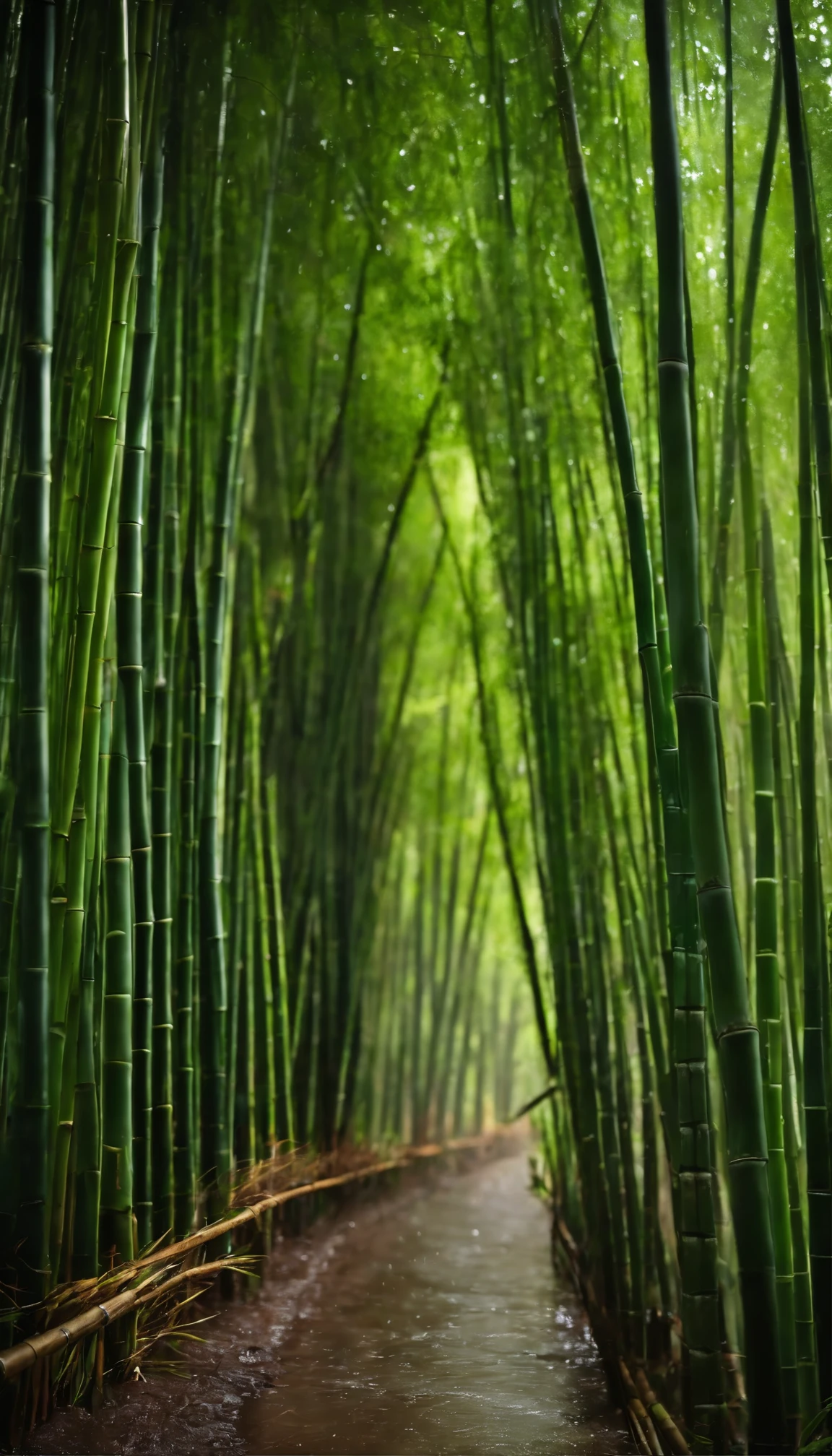 Image: A bamboo grove in the rain, Descriptive Keywords: Rainy, Green, Bamboo Grove, Refreshing, Wet, Camera Type: Mirrorless, Camera Lens Type: Wide-angle, Time of Day: Rainy day, Style of Photograph: Moody weather, Type of Film: None