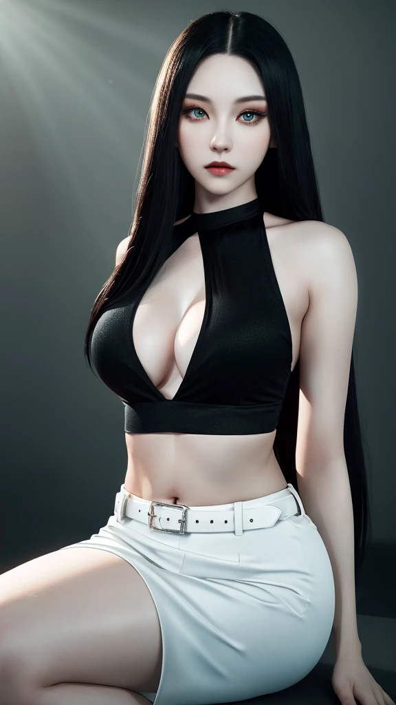 Photorealistic, Ultra realistic, 16k, high quality, cinematic lights, dream atmosphere, dream aesthetic, 1girl, korean hot model (kpop superstar), tall, black hair, realistic silky hair(red), cute pale-turquoise eyes (shiny look), long flowing hair(realistic), gothic makeup, pale-white skin illuminated, realistic textured skin, realistic shading, tall, alternative outfit, cleavage, large natural breasts, (black crop top:1.2), bare shoulders, black midriff, black miniskirt, realistic textures, belt, 16k resolution, detailed face and eyes, muscular female body, strong arms, lean belly, big hips, muscular thighs, thick legs, full body, realistic, style-paintmagic, different positions at different types of angles.