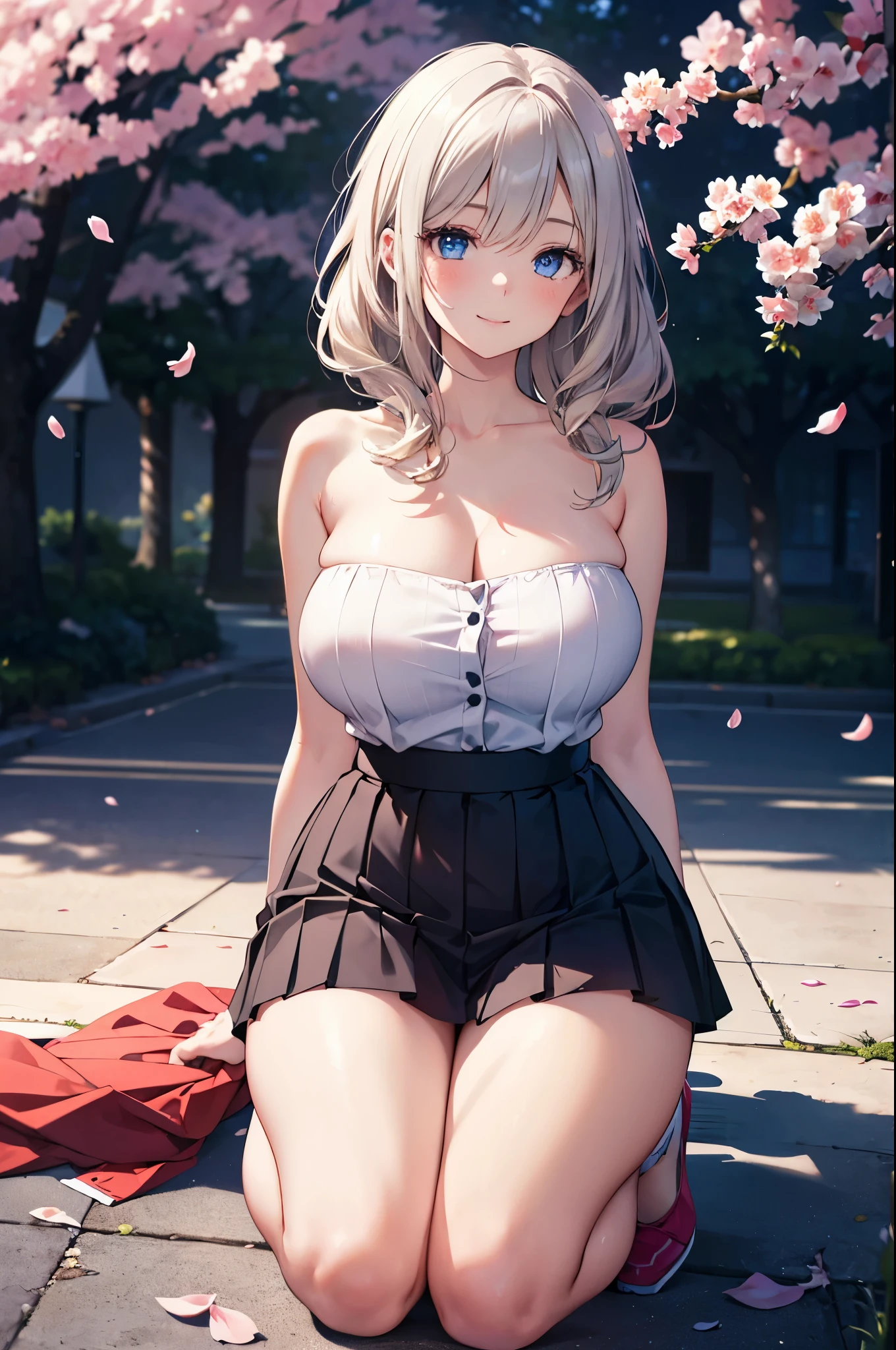 Detailed image, realistic image, coherent image, 1 girl. She has long silver blonde hair, blue eyes. She is smiling sensually. She has a curvy body, large breasts, wide hips and thick thighs. She is dressed in a strapless top and pleated mini skirt. Kneeling with legs spread, arms tucked behind her, breasts sprouting. Park background, cherry trees and petals falling around her. Natural light, ambient light, detailed shadows,