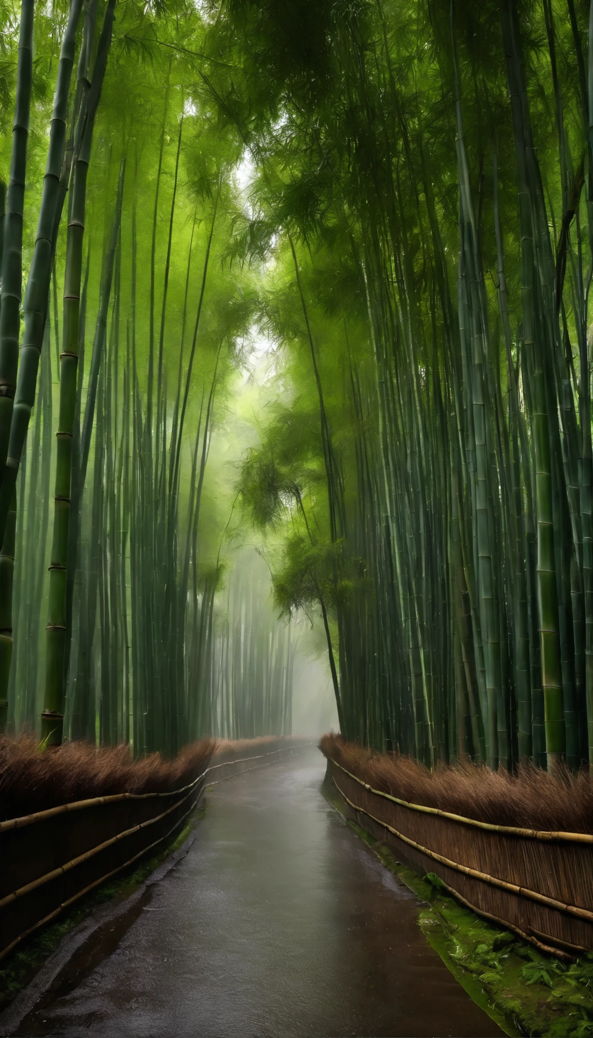 Image: A bamboo grove in the rain, Descriptive Keywords: Rainy, Green, Bamboo Grove, Refreshing, Wet, Camera Type: Mirrorless, Camera Lens Type: Wide-angle, Time of Day: Rainy day, Style of Photograph: Moody weather, Type of Film: None