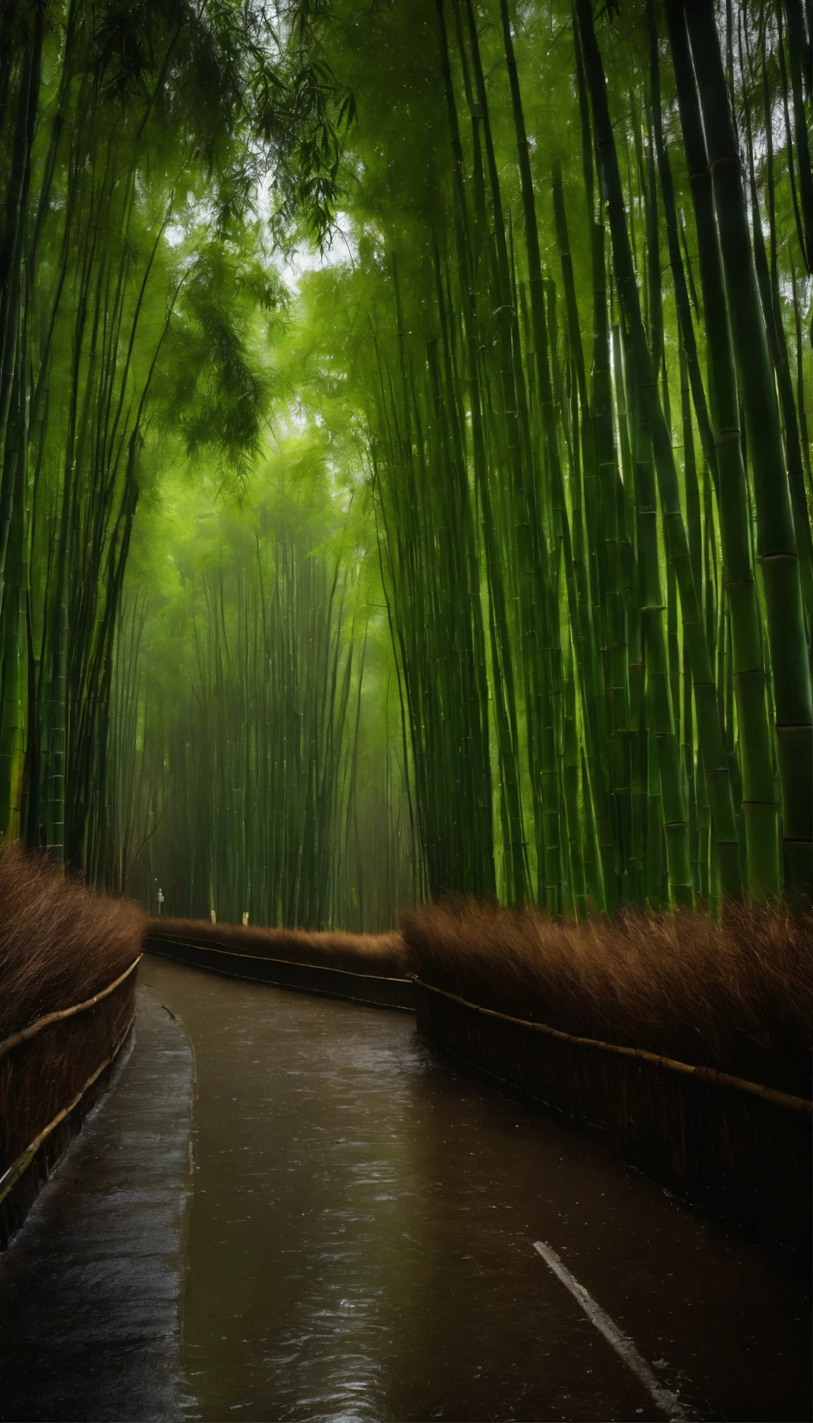 Image: A bamboo grove in the rain, Descriptive Keywords: Rainy, Green, Bamboo Grove, Refreshing, Wet, Camera Type: Mirrorless, Camera Lens Type: Wide-angle, Time of Day: Rainy day, Style of Photograph: Moody weather, Type of Film: None