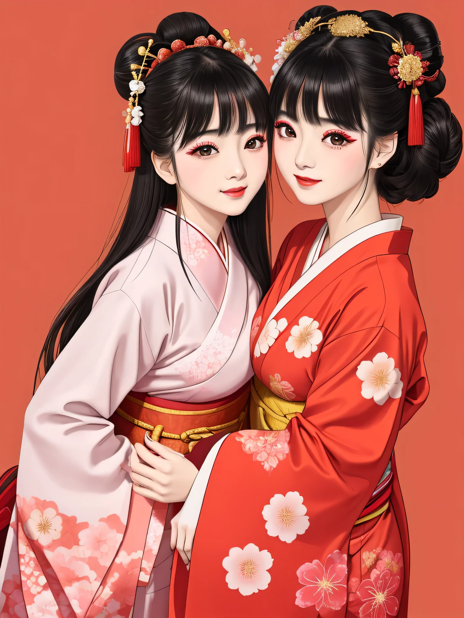 Each has a different expression２People and sisters、(２ girls）、｟Dancing traditional arts with grace)、((Big Breasts、Small Face、Not exposed))、highest quality、masterpiece、（Black Hair、Bun Hair）、Brown Eyes、｟Wide angle、Angle from above the waist and diagonally below、Pause on the magazine cover、Their gazes are different, gazing into the distance｠、(８K High Quality、masterpiece、High resolution、Realistic and beautiful light and shadow、(highest quality)、(High Resolution)、(Very delicate and beautiful)、(Beautiful 8k face)、(With a smile、Beautiful eyes)、(Clear skin)、(Soft hair)、(８Head to Body)、(A Japanese style yukata kimono with red, pink and orange floral patterns on a white background, interspersed with gold powder、Five beautiful Japanese girls wearing yukata)、((Tanabata decoration background))、((Small Face))、(arms up)、Thin and small nose、（Red lipstick）、（Make your cheeks red）、（Glossy skin）、((Ink painting style))、Very thin eyebrows、Overall ultra-high image quality、（She is wearing maiko-style makeup.）、Whitening、Long and beautiful eyelashes、Glowing Skin、（Red cheeks）,Straight nose、masterpiece、highest quality、whole body、 Eyebrows visible through hair、Bun Hair、Grin、Gal、Gal、Viewer&#39;s Eyes、Plaid、Stylish、woman、fine、Pause、
Waiting to start 
