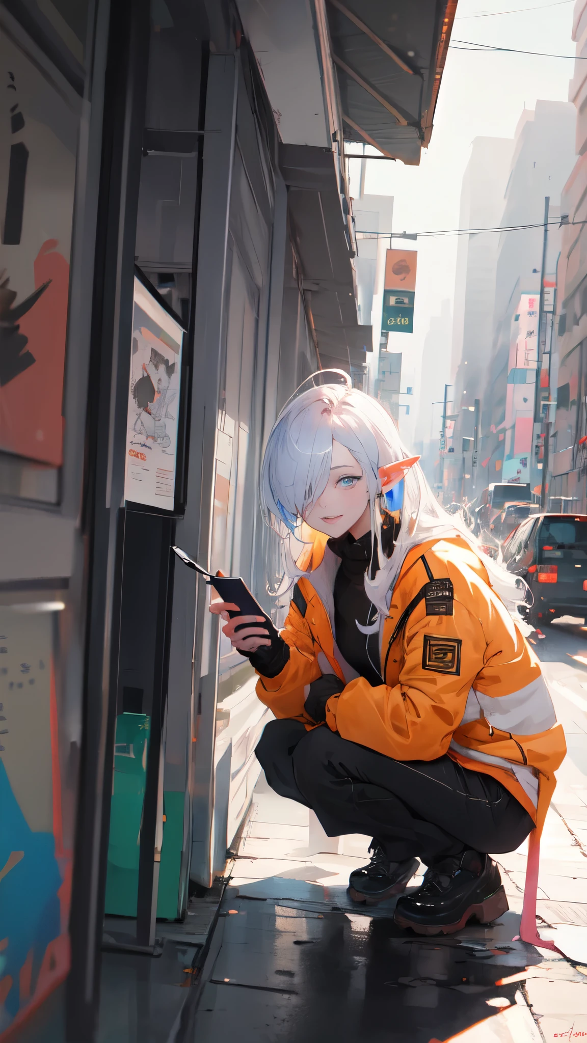 ((masterpiece )), (top quality), (best quality), ((ultra-detailed, 8k quality)), Aesthetics, Cinematic lighting, (detailed line art), absurdres, (best composition), (high-resolution), Watercolor wash painting, muted colors, warm colors, best quality, delicate brushwork,
BREAK,
Beauty cyberpunk elf girl, Confident elf girl, wear uniform, orange jacket, white and yellow techwear clothing, yellow and black safety tapes, Simon Bisley style, squatting, (holding smartphone,In the right hand), Focus on smartphone screen, Anime painting, Detailed Cloth Texture, Intricate details, artstation, brush stroke painting in cyberpunk style by Yoji Shinkawa, by Mikimoto Haruhiko,
BREAK, 
painting style background, (At the bus stop, downtown, Cyberpunk dazzling cityscape, crowded), (depth of field:1.2), (blurry background:1.2),the style of Mikimoto Haruhiko, Artgerm, Kentaro Miura style,
BREAK,
highly detailed of (elf), (1girl), solo, perfect face, details eye, ahoge, ((long hair:1.2)), (hair over one eye:1.3), [[Messy hair]], shiny blonde white hair, blue eyes, multicolored hair, facial marks, (eyelashes, eyeshadow, pink eyeshadow), smile, design art by Mikimoto Haruhiko, by Kawacy, By Yoshitaka Amano,
BREAK, 
((perfect anatomy)), perfect body, medium breast, best hands, perfect face, beautiful face, beautiful eyes, perfect eyes, (perfect fingers, deatailed fingers), correct anatomy, 