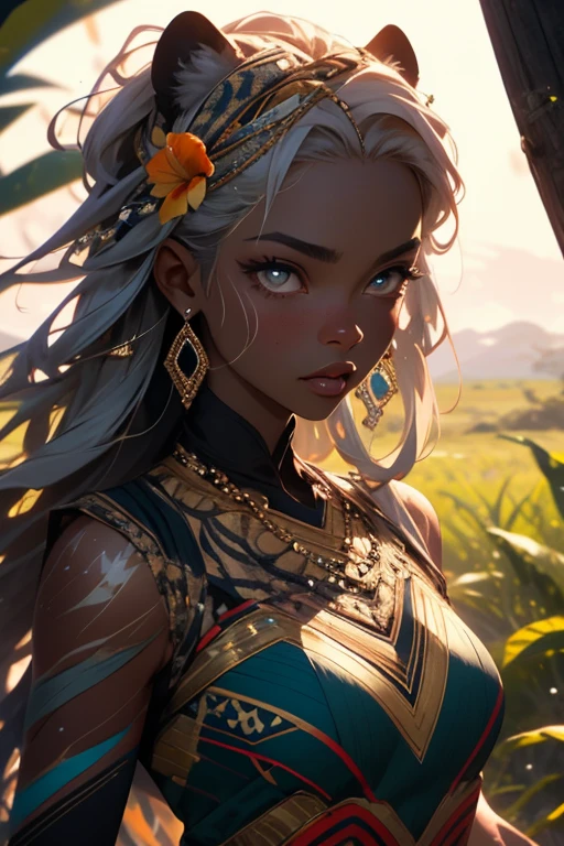 (sexy nubile women,african wildlife,day on the plains),beautiful detailed eyes,beautiful detailed lips,extremely detailed eyes and face,longeyelashes,[wild style:0.9],[vivid colors],[photorealistic:1.37],[best quality,4k,8k,highres,masterpiece:1.2],[concept artists],roaring lions in the background,leopard spots on one woman as her body paint,tiger stripes on another woman as her body paint,eagle feathers in the hair of one woman as an accessory,tropical flowers woven into another woman's hair as an accessory,[sunlight:0.9],[golden hour lighting],[natural elements],[lush grasslands],[stunning landscapes],[dynamic poses],each woman in unique African animal-inspired attire,[traditional African patterns],[distinctive animal features],[animalistic grace],safari-themed surroundings,blend of femininity and wildlife strength,[strong and independent],captivating and empowering,[elegant movement],[mysterious atmosphere],[ethereal beauty],[freedom and wilderness],[harmony with nature]