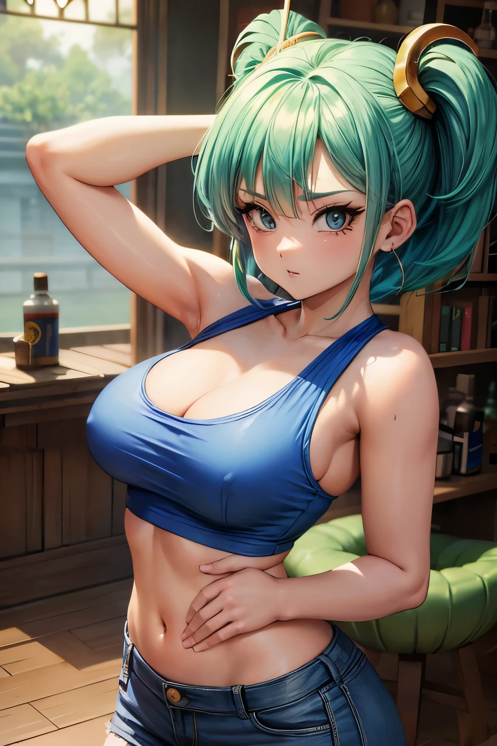chica de anime, bulma de dragon ball, cuernos en la cabeza, sonrojada, mirada ueta y parada de frente con los brazos en las teton un cuchillo en la mano