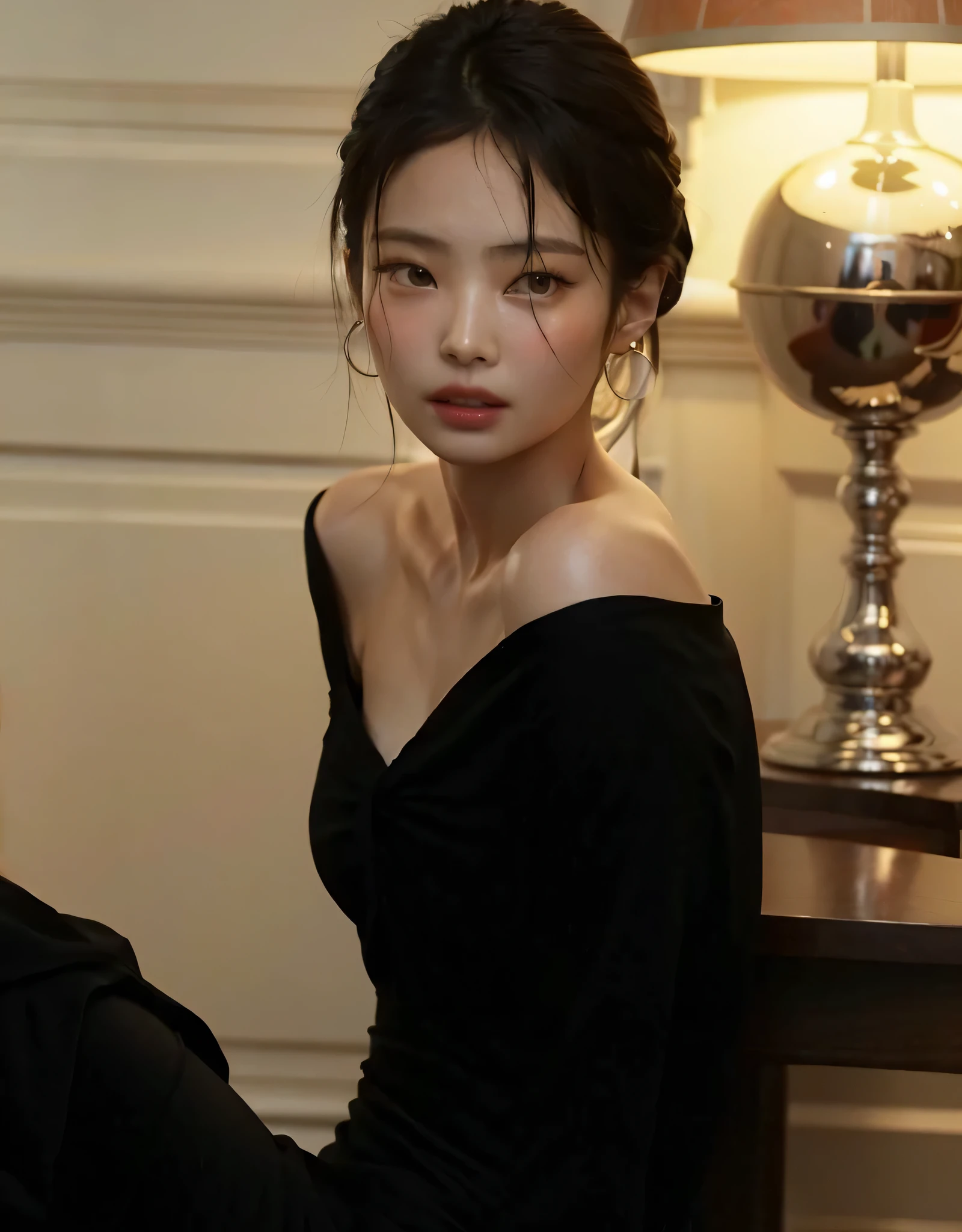 there is a woman sitting in a chair in a room, Hye Kyo Song, Hermosa mujer surcoreana, bae suzy, heonhwa choe, jia, Jinyoung Canela, ella lleva un vestido negro, vistiendo un vestido negro, hermosa joven coreana, Hwang SE-EM, dilraba dilmurat, Modelo de moda femenina coreana, bella dama