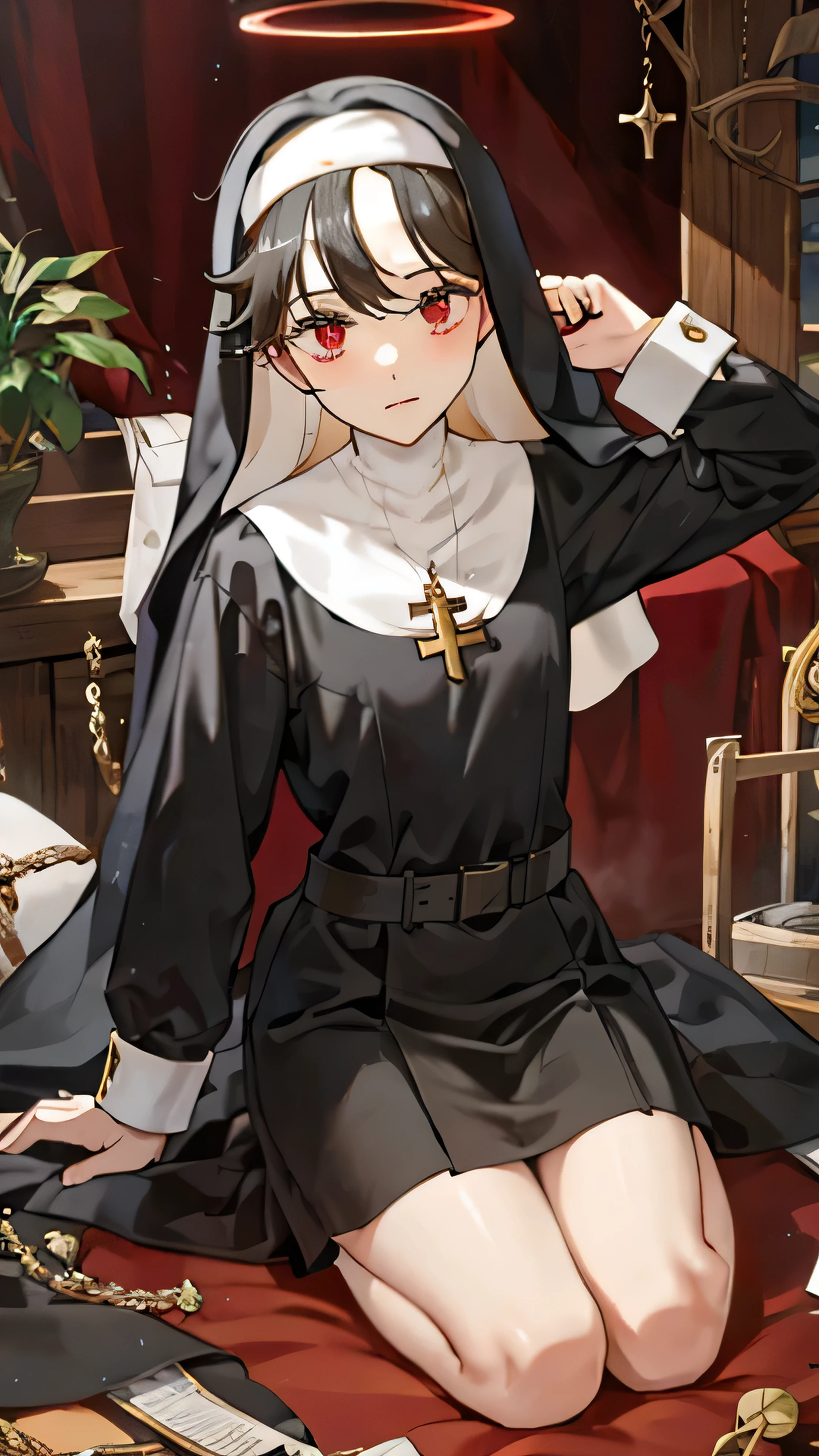 (ultra-detailed, fragile male body: 1.5, shy boy expression: 1.2), (wide hips: 1.5, exaggerated curves), (black hair, shimmering in the dimly lit room), (red eyes, expressive and full of emotion), (blush, rosy and shy), (femboy nun outfit: 1.4),
BREAK, intricately designed habit,
BREAK, delicate embroidery,
BREAK, veil covering the face,
BREAK, rosary beads in hand,
BREAK, thigh-high black boots,
BREAK, halo casting