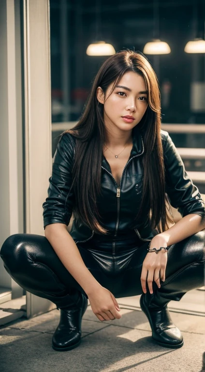 (photo Realistic:1.4), (hyper Realistic:1.4), (Realistic:1.3), (Smoother lighting:1.05), (Improving the lighting quality of movies:0.9), 32k, One girl,20 year old girl, Realistic lighting, Backlight, Perfect body、Beautiful proportions、Light on the face, Ray-tracing, (Bright light:1.2), (Improvement of quality:1.4), (Highest quality real texture skins:1.4), Detailed drawn eyes, Detailed painted face, Quality Eyes, (Tired, sleepy and satisfied:0.0), (Enhance the mood of your body line:1.1), (Enhances the beauty of skin texture:1.1)、Lip gloss、(((Squat down and spread your legs)))、