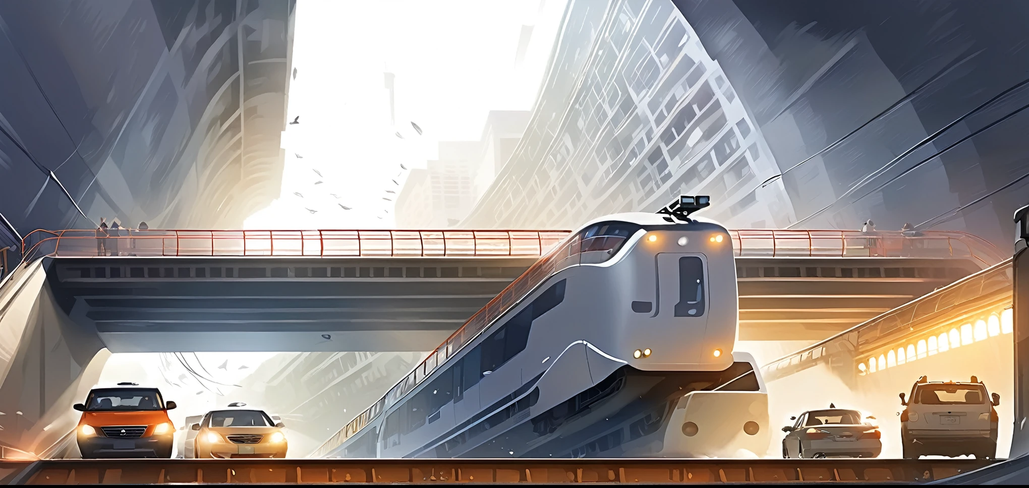 白描illustration，White background，Depicting the exit of the suspended elevated tunnel for trains，Looking up at the exit of the elevated railway tunnel，Subway rushes out of suspended track，Realistic transportation，illustration