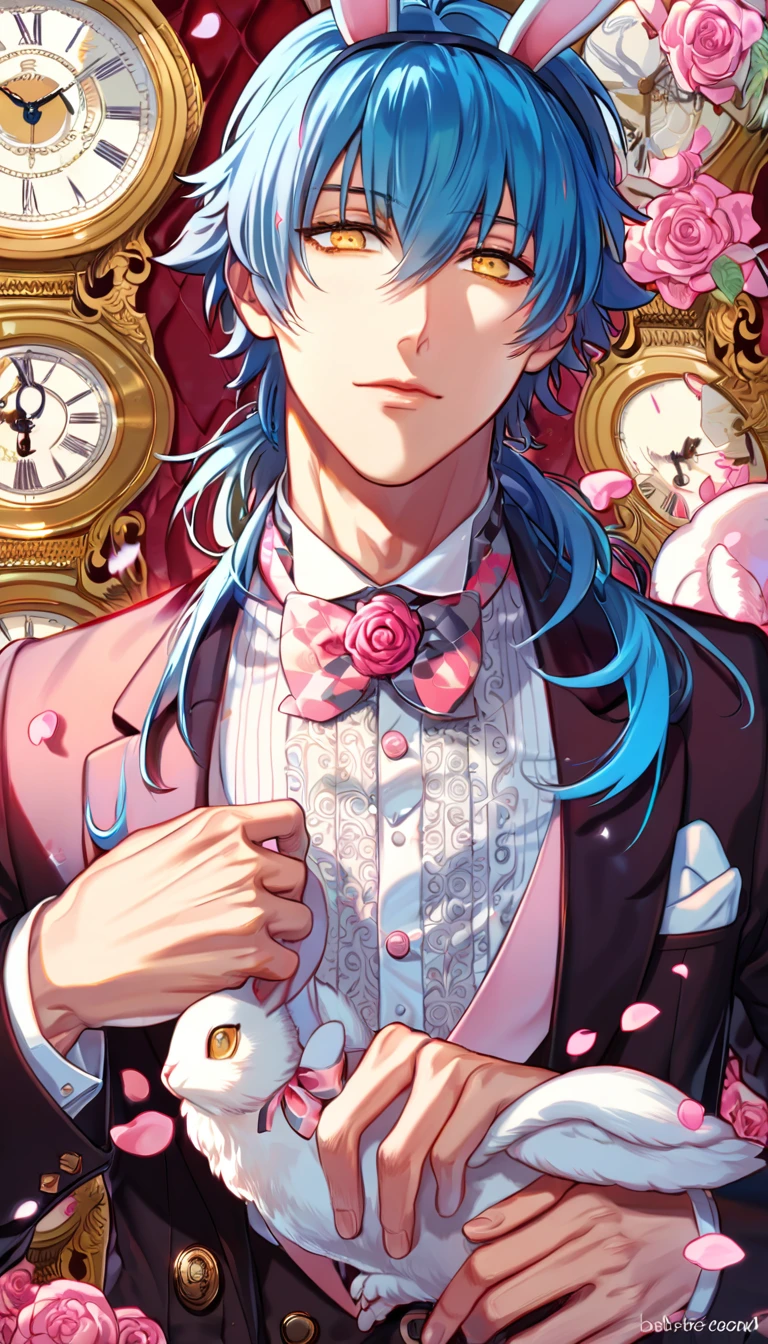 absurdres, highres, ultra detailed, HDR, master piece, best quality, perfect face, beautiful eyes, delicate features, Seragaki Aoba, blue hair, expressive yellow eyes, Dramatical Murder, solo, sexy man, handsome, white rabbit ears, butler clothes, patterns, in wonderland, clock, pink roses, pink petals, pink lanterns