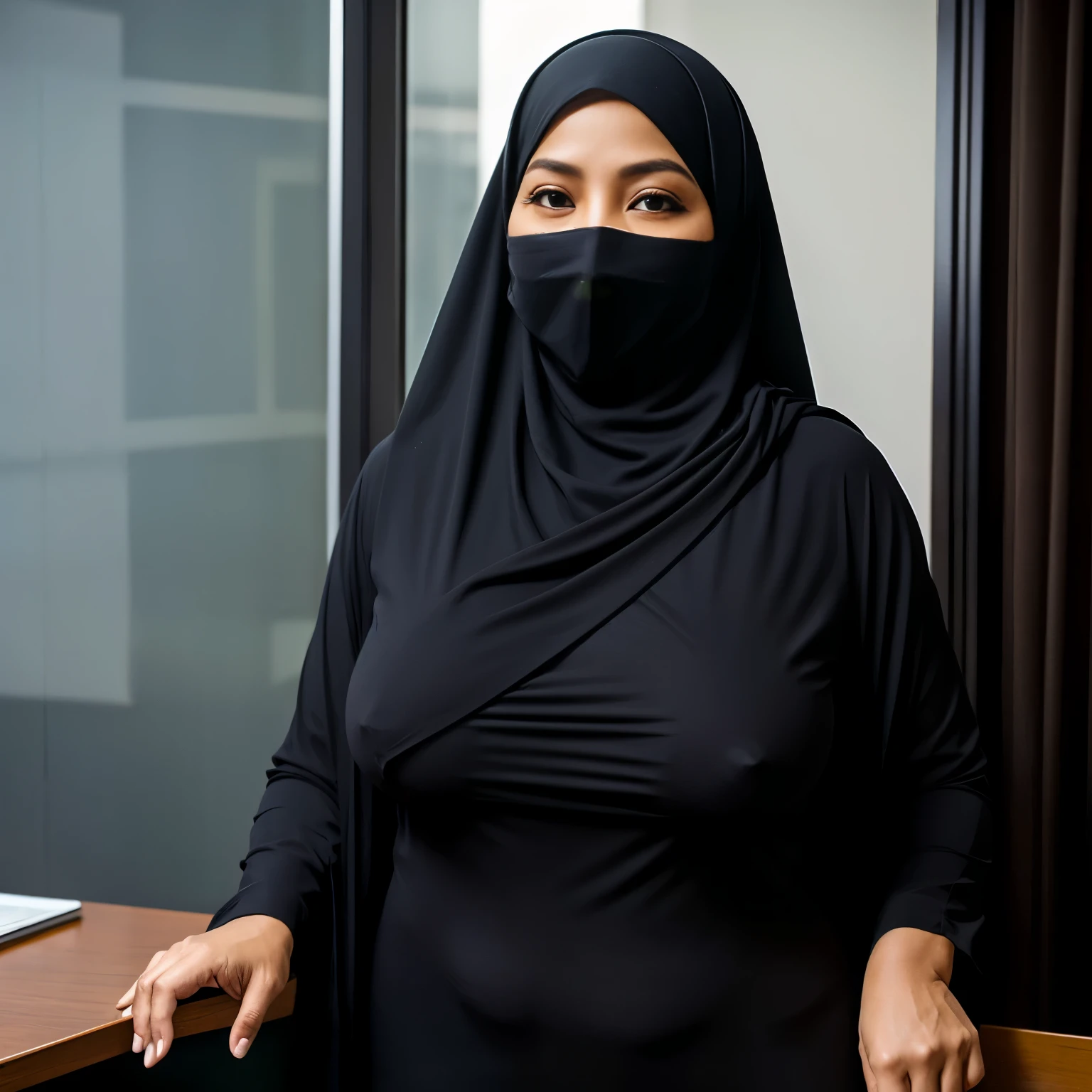 52 years Old, Hijab Indonesian mature woman, Large : 96.9, Tight Burqa, , Breast about To burst out, at Office, Dark light, at Nighttime