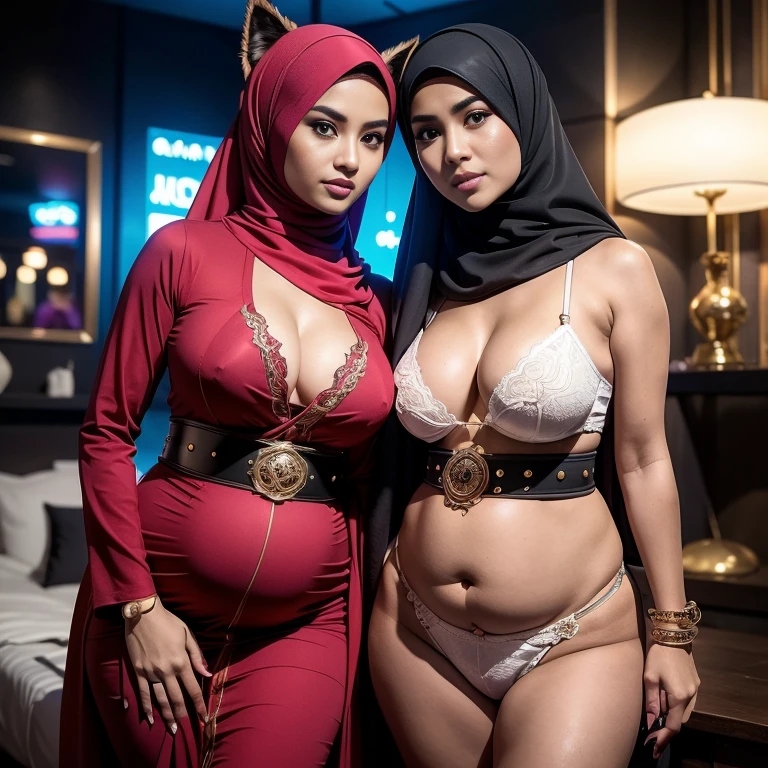 Craft a photorealistic scene of a Malay girl in hijab  as an intrepid explorer in Hollywood, standing on nightclub, Showcase intricate gears, Victorian-inspired fashion, and a sense of adventure in this alternate reality, 8mm lens, Extreme close-up,  8k resolution, high quality, ultra detail,modeling pose, bikini Victorian-inspired fashion, and a sense of adventure in this alternate reality, 8mm lens, Extreme close-up, 8k resolution, high quality, ultra detail,modeling pose, Two:2 Hijab Malaysian girls pregnant 9 month,Largest Baby Bump pregnant, Largest , Big pregnant Belly, Big Pregnant girl, Largest Belly of Pregnant, Beautiful woman, beautiful face, pregnant, long hair, black hair, realistic, ultra-detailed, big breast, malay, The whole body consists of a young girl with hijab, Eye makeup, 21yo, Cat ears, Soft lighting, groups, Wear shabby clothes, Dirty, Tattered futuristic military uniform, Cat's paw badge, Pose, spot color, rendering by octane, Ultra-realistic intricate details, big breasts, big breasts, big breasts, two MAPAY women in lingerie posing for a picture in a room, oppai, posing together in bra, MIRA FILZAH and IMAN TAYORE, red bra, all red, oppai proportions, sexy :8, 4k], 4 k ], big breasts!, bottom angle, big breasts!!, Malay beauties, biomechanical oppai, fujita goro and jones, thicc, wearing hijab, hijab star, hijab gorgeous, hijab super model, Malaysian girls group,malay, The whole body consists of a young girl with hijab, Eye makeup, 21yo, Cat ears, Soft lighting, group, Wear shabby clothes, Dirty, Tattered futuristic bikini, Cat's paw badge, Pose, spot color, rendering by octane, Ultra-realistic intricate details, Cinematic, 8K resolution, 70mm, emphasis lighting, Global illumination, (((wearing a Sexy belt design by LV))) Surreal full-body figure, Beautiful and delicate body and face, gorgeous figure, ssmile, Titillating，Surreal full-body figure，Beautiful and detailed body and face, Super vista, White skin of the, vivd colour,🔥8k,
