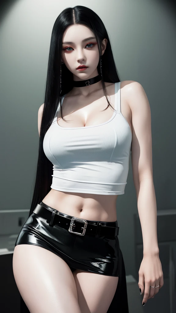 Photorealistic, Ultra realistic, 16k, high quality, cinematic lights, dream atmosphere, dream aesthetic, 1girl, korean hot model (kpop superstar), tall, black hair, realistic silky hair(red), cute pale-turquoise eyes (shiny look), long flowing hair(realistic), gothic makeup, pale-white skin illuminated, realistic textured skin, realistic shading, tall, alternative outfit, cleavage, large natural breasts, (black crop top:1.2), bare shoulders, black midriff, black miniskirt, realistic textures, belt, 16k resolution, detailed face and eyes, muscular female body, strong arms, lean belly, big hips, muscular thighs, thick legs, full body, realistic, style-paintmagic, different positions at different types of angles. 