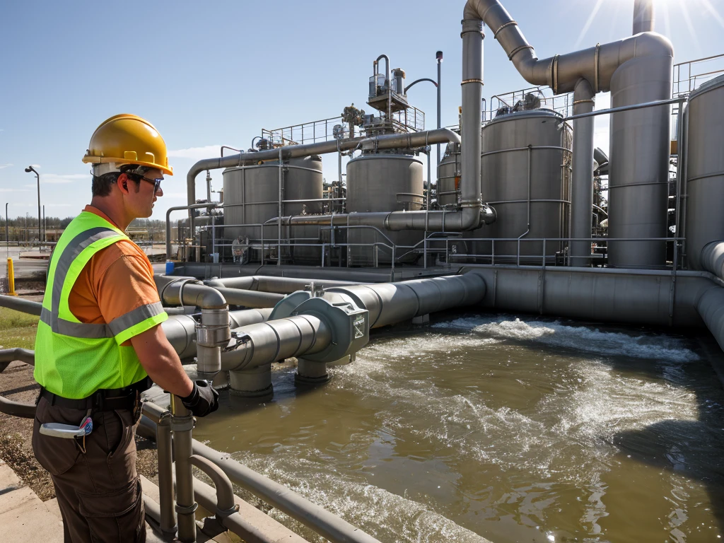 create a realistic picture presented with a male technical worker. workers use safety protective equipment such as orange helmets, yellow vests, brown boots, blue wearpacks, polarized safety goggles. workers are repairing centrifugal pumps and water pipes as the foreground, and in the background are wastewater treatment ponds and large tanks.