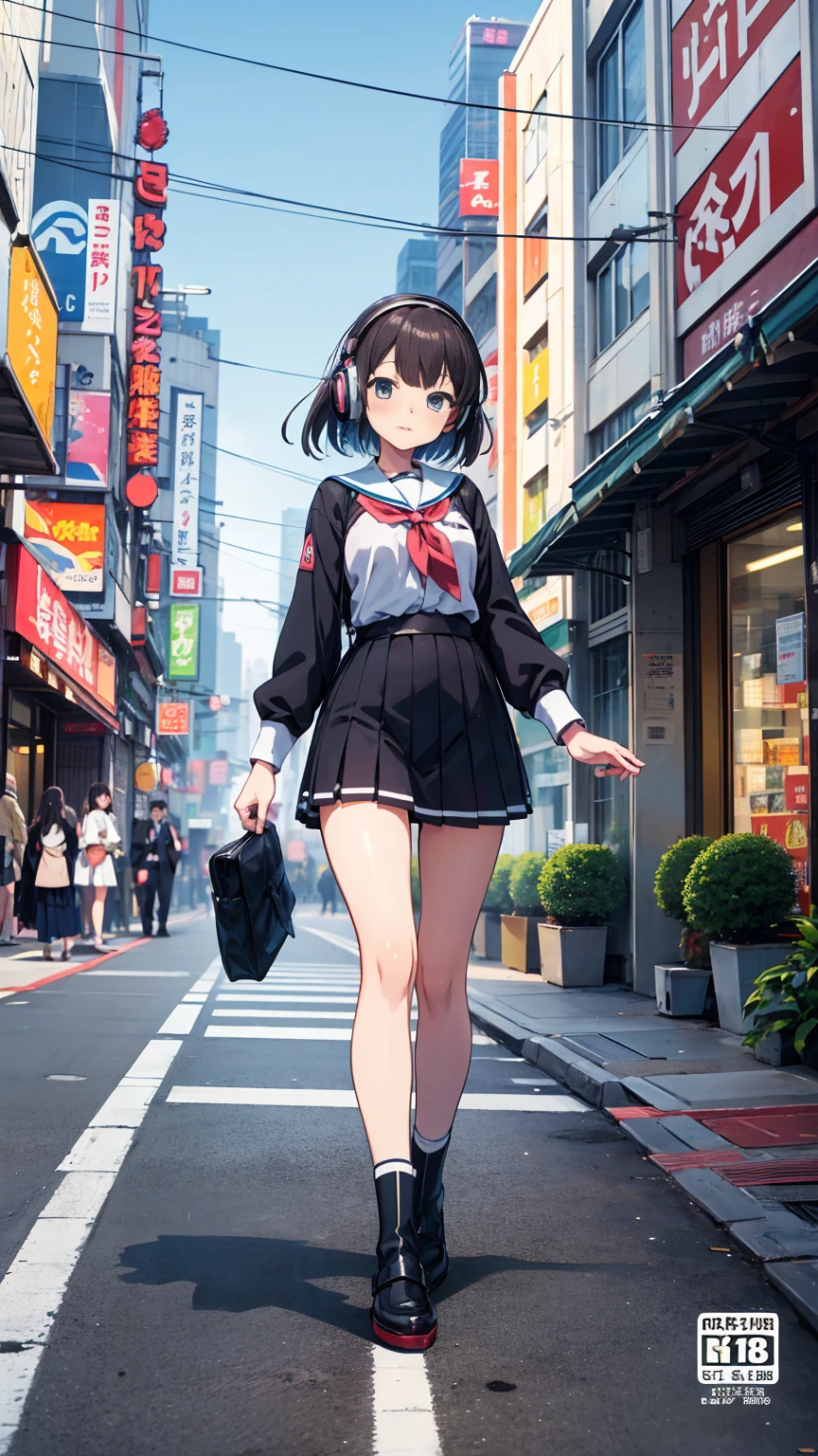 Anime Girls with headphones walking down the street in a , Beautiful mature high school girl, uniform、Beautiful girl anime visuals, Kantai Collection Style,Manga illustration, Anime Girls, Illustrated , Hand-drawn anime illustrations, young Anime Girls, Shibuya Ward Building District、Blurred Background、City Pop、whole body、Cowboy Shot、Nostalgia、manga cover、Make the subject larger