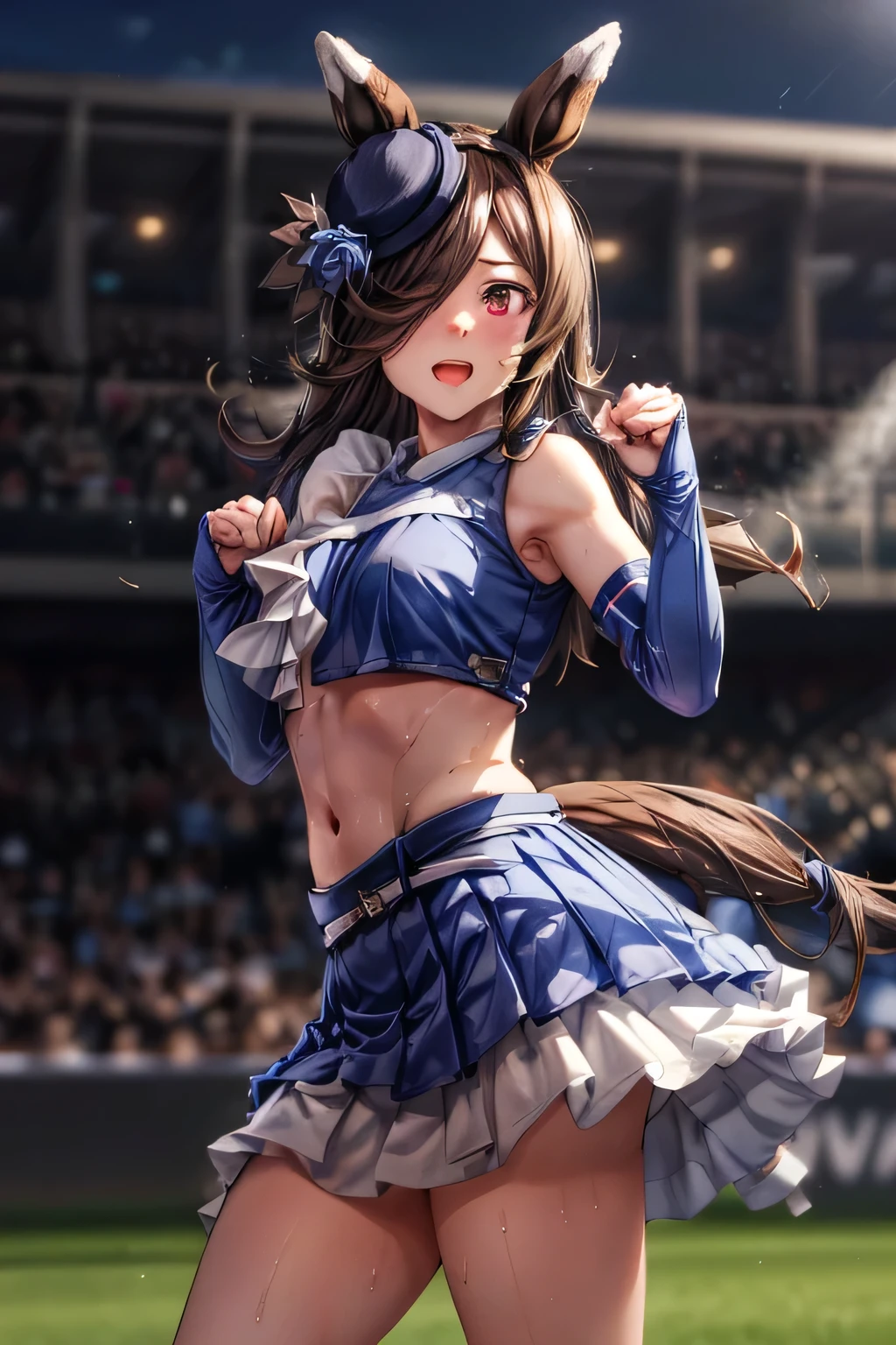 sexy dance show,(stadium, blurry background,blue sky,strong wind),rice shower \(umamusume\),perfect hands, perfect finger,perfect anatomy,masterpiece, best quality,realistic, hyperrealistic, 16k hdr,,what does the fox say,open mouth, happy smile, long hair, blush,  belt, crop top, blue miniskirt, pleated skirt, midriff, detached sleeves, elbow gloves,sweat,navel,medium breasts,cleavage,from below,from front,micro panty