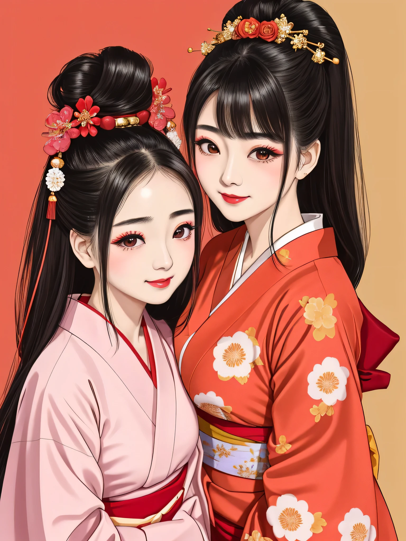 Each has a different expression2People and sisters、(2 girls)、⦅Dancing traditional arts with grace)、((Big Breasts、Small Face、Not exposed))、highest quality、masterpiece、(Black Hair、Bun Hair)、Brown Eyes、⦅Wide angle、Angle from above the waist and diagonally below、Pause on the magazine cover、Their gazes are different, gazing into the distance⦆、(8K High Quality、masterpiece、High resolution、Realistic and beautiful light and shadow、(highest quality)、(High Resolution)、(Very delicate and beautiful)、(Beautiful 8k face)、(With a smile、Beautiful eyes)、(Clear skin)、(Soft hair)、(8Head to Body)、(A Japanese style yukata kimono with red, pink and orange floral patterns on a white background, interspersed with gold powder、Five beautiful Japanese girls wearing yukata)、((Tanabata decoration background))、((Small Face))、(arms up)、Thin and small nose、(Red lipstick)、(Make your cheeks red)、(Glossy skin)、((Ink painting style))、Very thin eyebrows、Overall ultra-high image quality、(She is wearing maiko-style makeup.)、Whitening、Long and beautiful eyelashes、Glowing Skin、(Red cheeks),Straight nose、masterpiece、highest quality、whole body、 Eyebrows visible through hair、Bun Hair、Grin、Gal、Gal、Viewer's Eyes、Plaid、Stylish、woman、fine、Pause、
Waiting to start