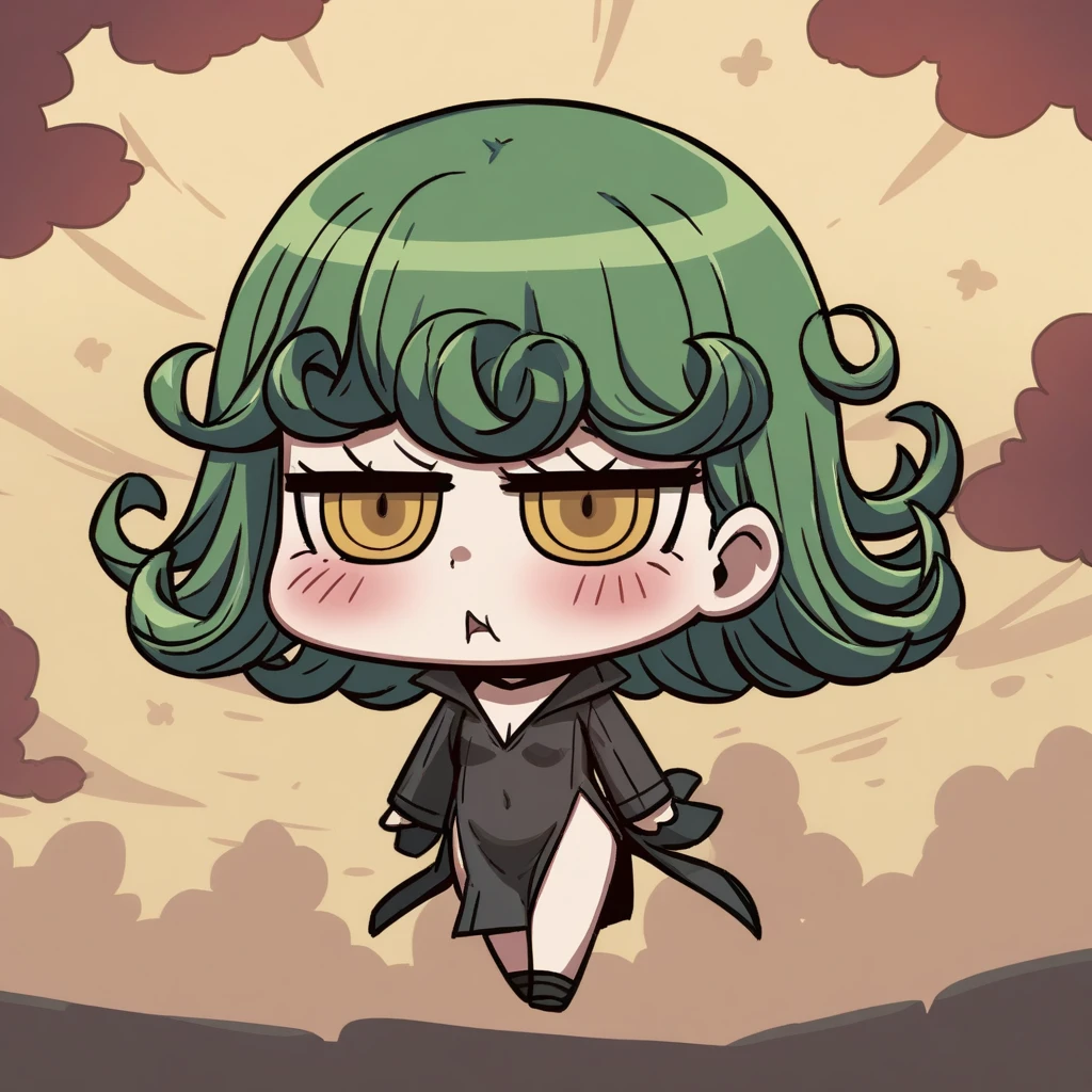 {{Artist: riyo_(lyomsnpmp)}} (Masterpiece, best quality:1.2, absurdres) 1 woman, solo, Tatsumaki, chibi, flying, pouting, blushing.