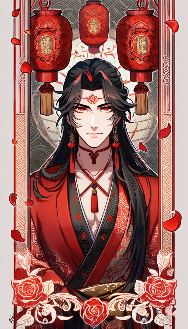 absurdres, highres, ultra detailed, HDR, master piece, best quality, perfect face, beautiful eyes, delicate features, Luo Binghe, black long hair, expressive red eyes, Scumbag System, solo, sexy man, handsome, black and red robes, patterns, accessories, red roses, red petals, red lanterns