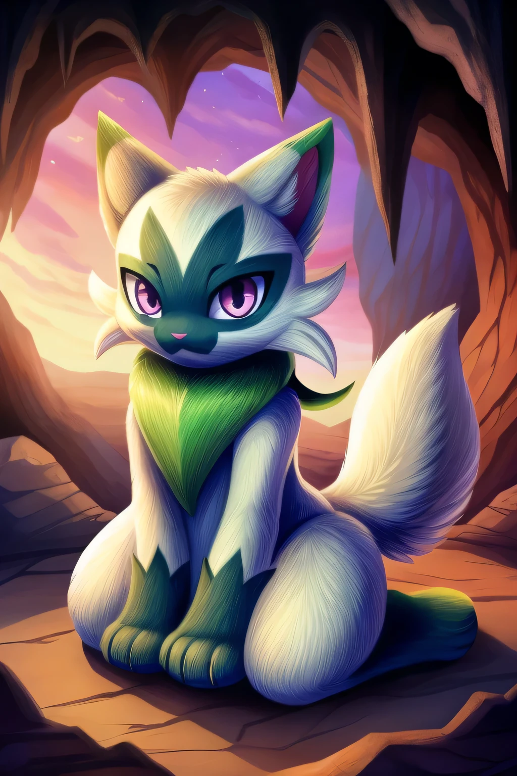 Floragato, furry pokemon, cat, feet, Only, (Body fur:1.2), (Best quality), (Detailed fluffy fur:1.1), Animal hands, tail, shiny pokemon, female, purple eyes, solo, cave background, day, confused expression, head tilted, looking at viewer, sitting on knees