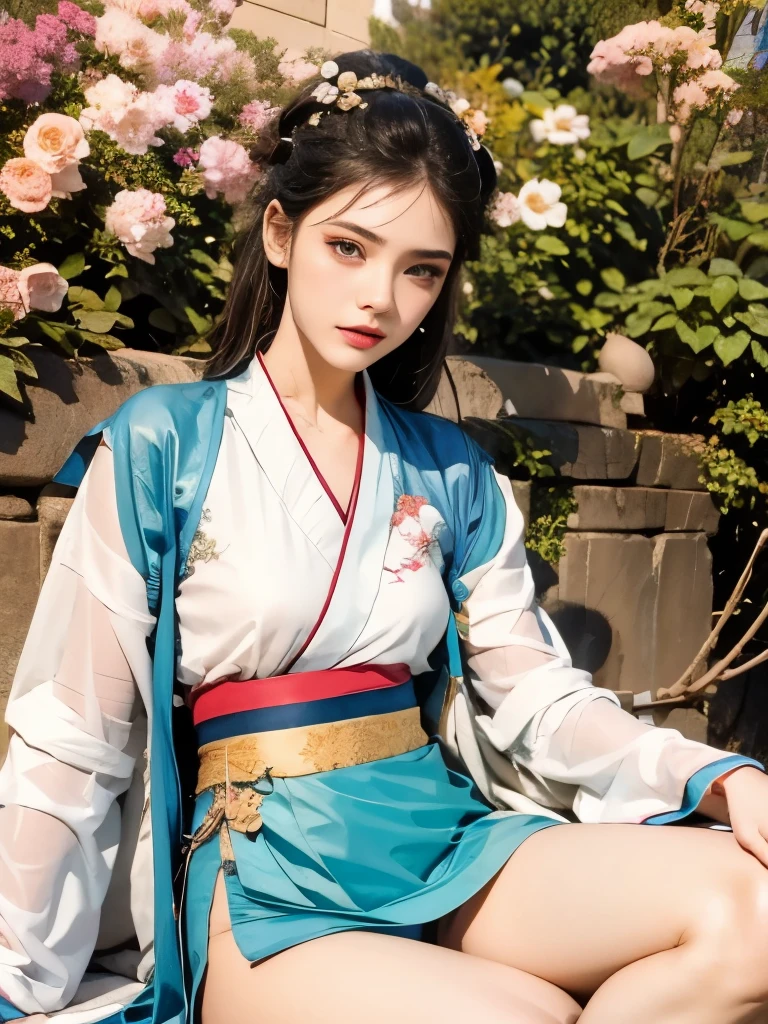 There are blue sky, white clouds and mountains in the distance、tower，Pink flowers，Cherry tree，Hanfu woman,Phoenix crown tiara、Fine embroidery、穿Hanfu裤袜、Hanfu、穿长袖Hanfu、Transparent and clear、Raw,(8k、Top quality、masterpiece:1.8)、(Intricate details:1.8)、(Reality:1.8)、Octane Rendering、Complex 3D rendering with ultra-details, Studio soft light, Side light, Vivid details, Super Detail, Realistic skin texture, Details, beautiful eyes, Highly detailed CG Unity 16k wallpaper, cosmetic, (Detailed background:2.0), Clear fingers，Beautiful fingers，Radiant skin、Spread your legs，Show your thighs!!!