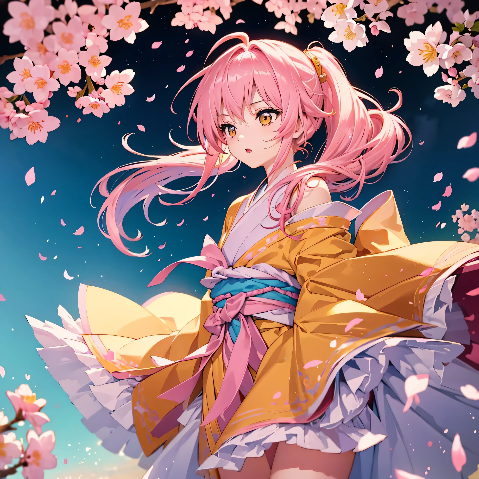 ((Pink Hair　Long Hair　Light blue light　Streaks of Light　ambition　Orange Eyes))　((Fighter　Thimble gloves　Pink and yellow kimono))　(Red Shoes　Warlike)　Open your mouth　Spirit　anger　ponytail　Cherry blossom petals