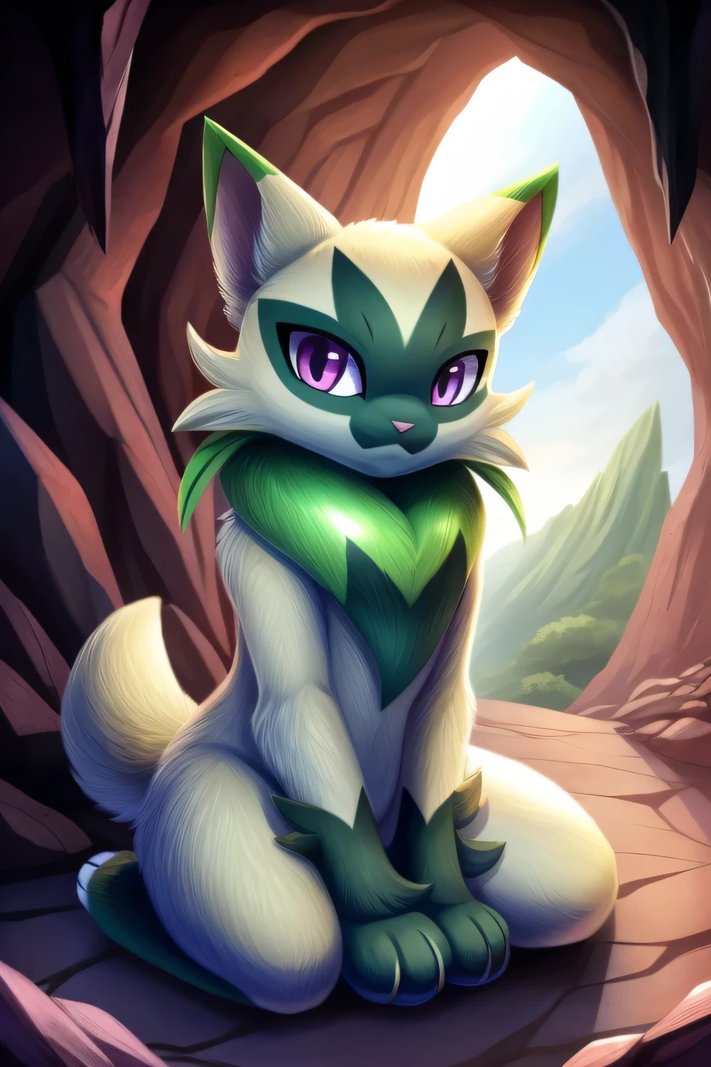 Floragato, furry pokemon, cat, feet, Only, (Body fur:1.2), (Best quality), (Detailed fluffy fur:1.1), Animal hands, tail, shiny pokemon, female, purple eyes, solo, cave background, day, confused expression, head tilted, looking at viewer, sitting on knees