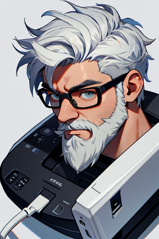 jovem de barba e topete branco com degrader desenhado gamer, sentado em frente ao seu computador gamer, usando seu fone gamer com olhar confiante e destemido usando oculos de grau