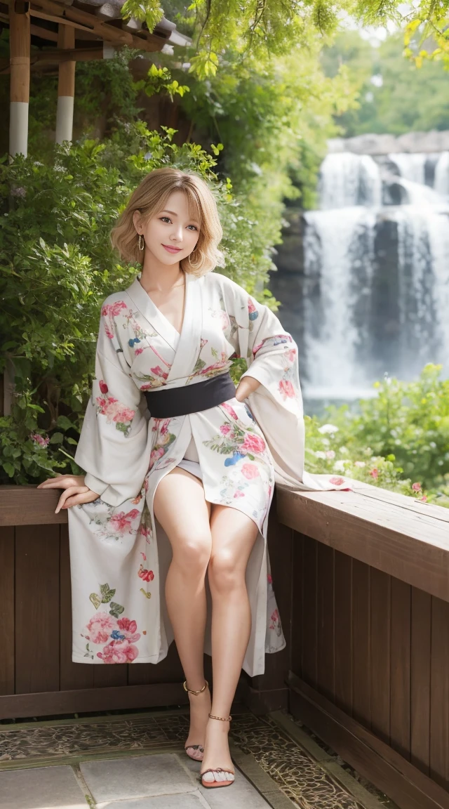 flying debris、highest quality、An illustration、highest quality、Understood、High resolution、8k wallpaper、Perfect dynamic composition、(((Ezvian Everywhere)))、((From below))、Beautiful and cute 20 year old girl、Beautiful face in every detail、Delicate and cute eyes、Fine skin、Red cheeks.、shy、(Semi-short hair:1.3)、(wavy blonde hair)、Small breasts、Bold sexy pose、smile、Small breasts、Between the legs、Small Ass、Thin ass、Please generate at the eaves.、Narrow shoulders、wavy blonde hair、blonde、Heart-shaped earrings、smile、、Gold bracelet、garden、So you can see all the way to your feet、in kimono、Wear a kimono with a large floral pattern、Tie your hair back、