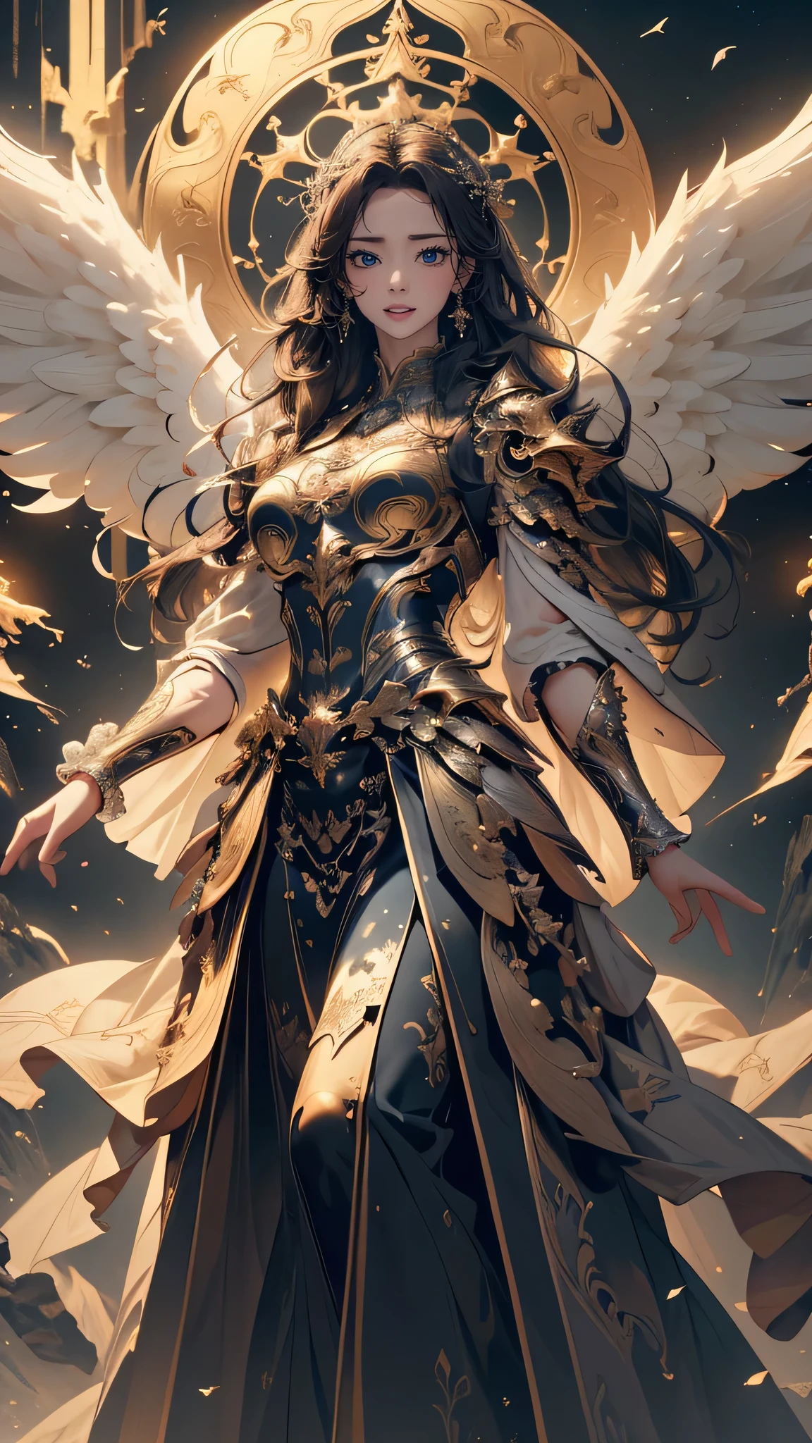 full body,from below,angel armor,Spread your arms and fly down from the sky,(random hairstyle),(Highest image quality,(8k),ultra-realistic,best quality, high quality, high definition, high quality texture,high detail,beautiful detailed,fine detailed,extremely detailed cg,detailed texture,a realistic representation of the face,masterpiece,Sense of presence)