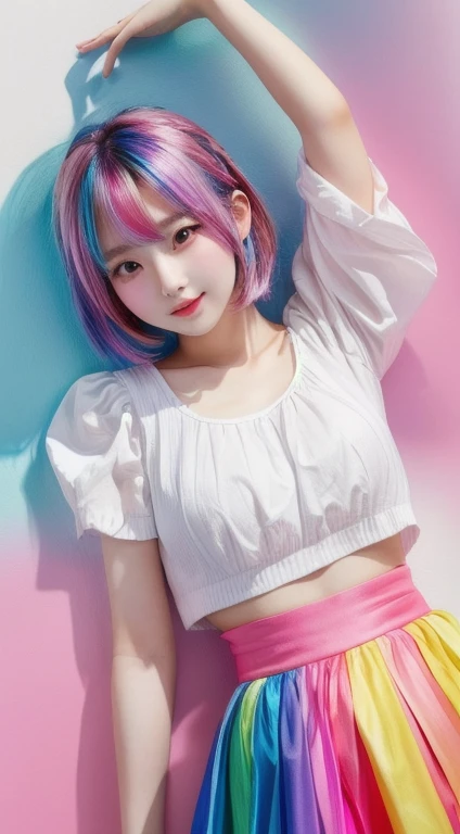 8k pixels,White background,Masterpieces,Colorful hair、Korean girl in pink top poses for photo, Blue Skirt,Pink short hair and black eyes,