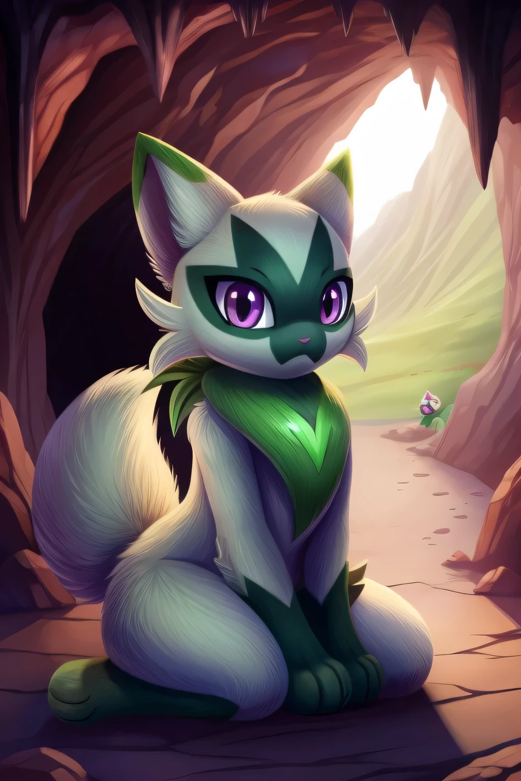 Floragato, furry pokemon, cat, feet, Only, (Body fur:1.2), (Best quality), (Detailed fluffy fur:1.1), Animal hands, tail, shiny pokemon, female, purple eyes, solo, cave background, day, confused expression, head tilted, looking at viewer, sitting on knees, worried