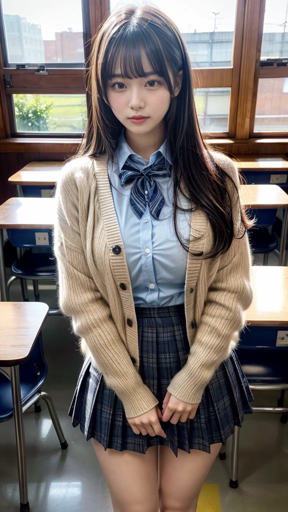 muste piece, best quality, illustration, Super detailed, fine details, High resolution, 8K,wall paper, perfect dynamic composition,(Details High quality, realistic depiction of eyes:1.3), High School Classroom、High school girl uniform、Cardigan、Super Short Check Uniform Skirt、Navy blue high socks、garterbelts、Colossal tits、Disturbed uniform、, black hair color, Big Natural Color Lip, bold sexy pose, (perfect body shape), crying a little、cold gaze, Harajuku style、20 year old girl、cute type, beautiful legs, hposing Gravure Idol, Voluptuous thighs