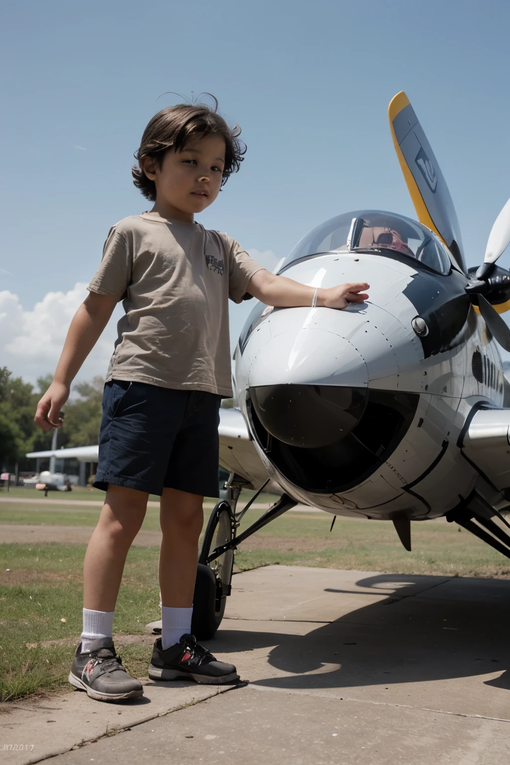 creates a photograph taken in a park of a playing with an airplane with the pretending to be an aviator pilot, la imagen debe causar nostalgia