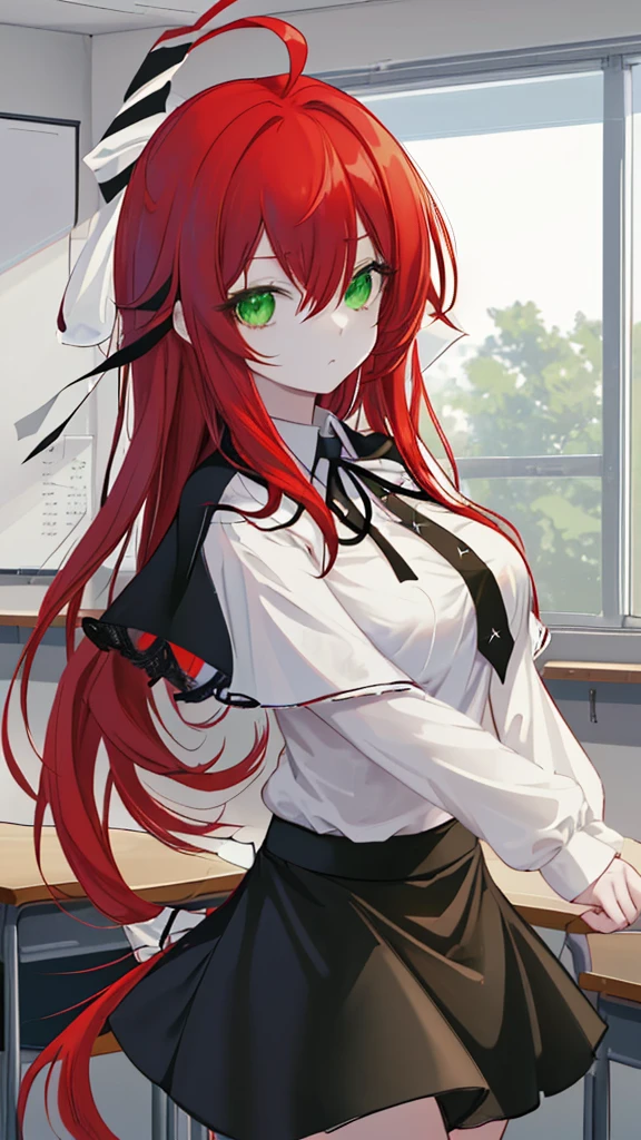 score_9, score_8_up, score_7_up, source_anime,
riasgremory, rias gremory, huge ahoge, long hair, hair between eyes, green eyes, red hair,
shirt, ribbon, , white shirt, black ribbon, neck ribbon, capelet, black capelet, long sleeves, skirt, red skirt,
indoors, classroom,
looking at viewer, dutch angle, cowboy shot,