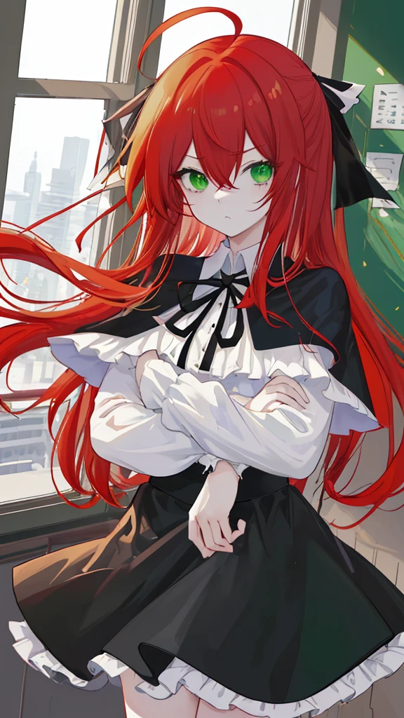 score_9, score_8_up, score_7_up, source_anime,
riasgremory, rias gremory, huge ahoge, long hair, hair between eyes, green eyes, red hair,
shirt, ribbon, , white shirt, black ribbon, neck ribbon, capelet, black capelet, long sleeves, skirt, red skirt,
indoors, classroom,
looking at viewer, dutch angle, cowboy shot,