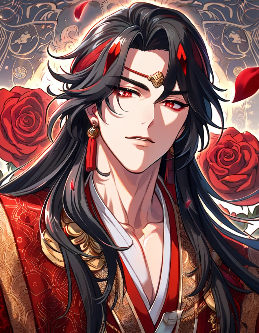 absurdres, highres, ultra detailed, HDR, master piece, best quality, perfect face, beautiful eyes, delicate features, Luo Binghe, black long hair, expressive red eyes, Scumbag System, solo, sexy man, handsome, black and red robes, patterns, accessories, red roses, red petals