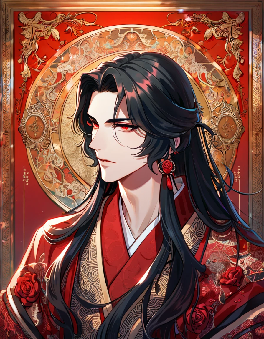 absurdres, highres, ultra detailed, HDR, master piece, best quality, perfect face, beautiful eyes, delicate features, Luo Binghe, black long hair, expressive red eyes, Scumbag System, solo, sexy man, handsome, black and red robes, patterns, accessories, red roses, red petals
