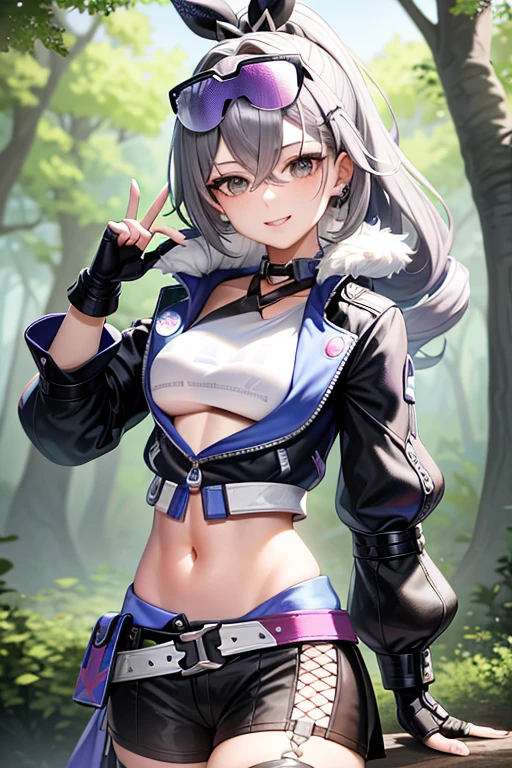 tmasterpiece， Best quality at best， SilverWolf V4， 1girll， solo， looking at viewert， ssmile， hair adornments， mitts， hair between eye， jewely， jaket， 耳Nipple Ring， black glove， Fingerless gloves， sun glasses， glasses on head， forest behind， Sweet laugh