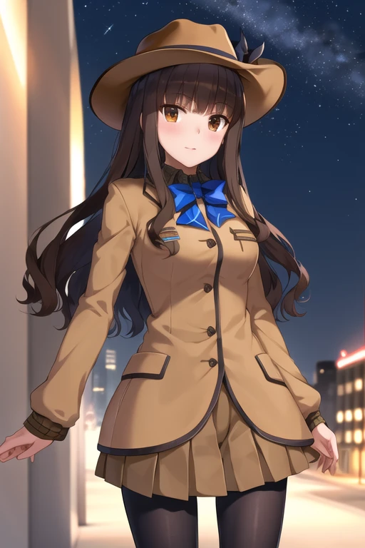 masterpiece, best quality, highres, hmkh1, blue bowtie, blue bow, brown skirt, brown jacket, black pantyhose, , cowboy shot, street, standing, night