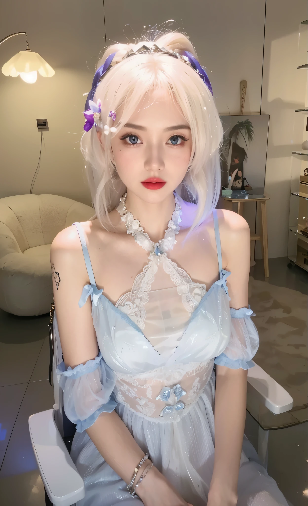 Game Art，Best image quality，Maximum resolution，8k，(A half-length photo)，(portrait)，(Head close-up)，(Rule of Thirds)，Unreal Engine 5 rendering works，20 year old girl，((Queen))，The eyes are very detailed，(Large Breasts)，Elegant and noble，Movie Lighting，Ray Tracing，Game CG，((3D Unreal Engine))，OC rendering reflection mode，4K，Ultra-clear，Sensual，Translucent lace，Fair and plump figure，Pretty Face，Glossy Gel Coat，身着华贵礼服的Queen，Crystal Gem Crown，Necklace jewelry，blue eyes，Black tattoo(whole body)，The tattoo is very three-dimensional，Gorgeous and intricate tattoo designs，Ultra-clear portrait，Sexy thick lips(Red lipstick)，