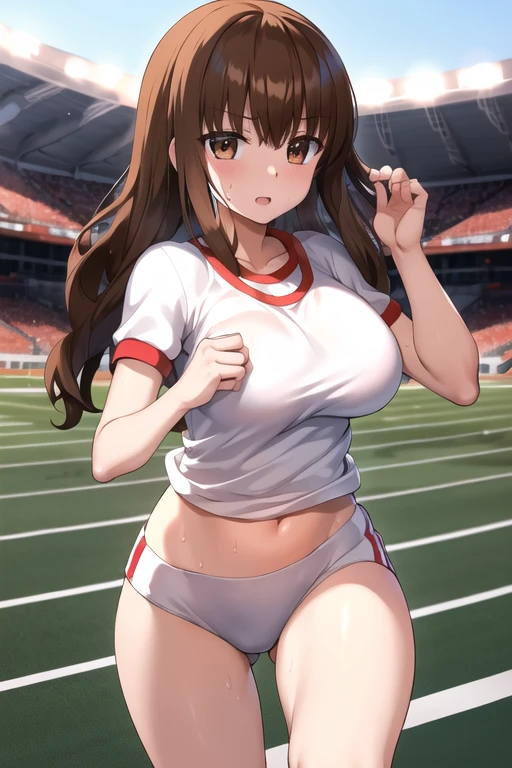 masterpiece, best quality, highres, hmkh1, buruma, short sleeves, white shirt, gym shirt, breasts, running, stadium, sweat,