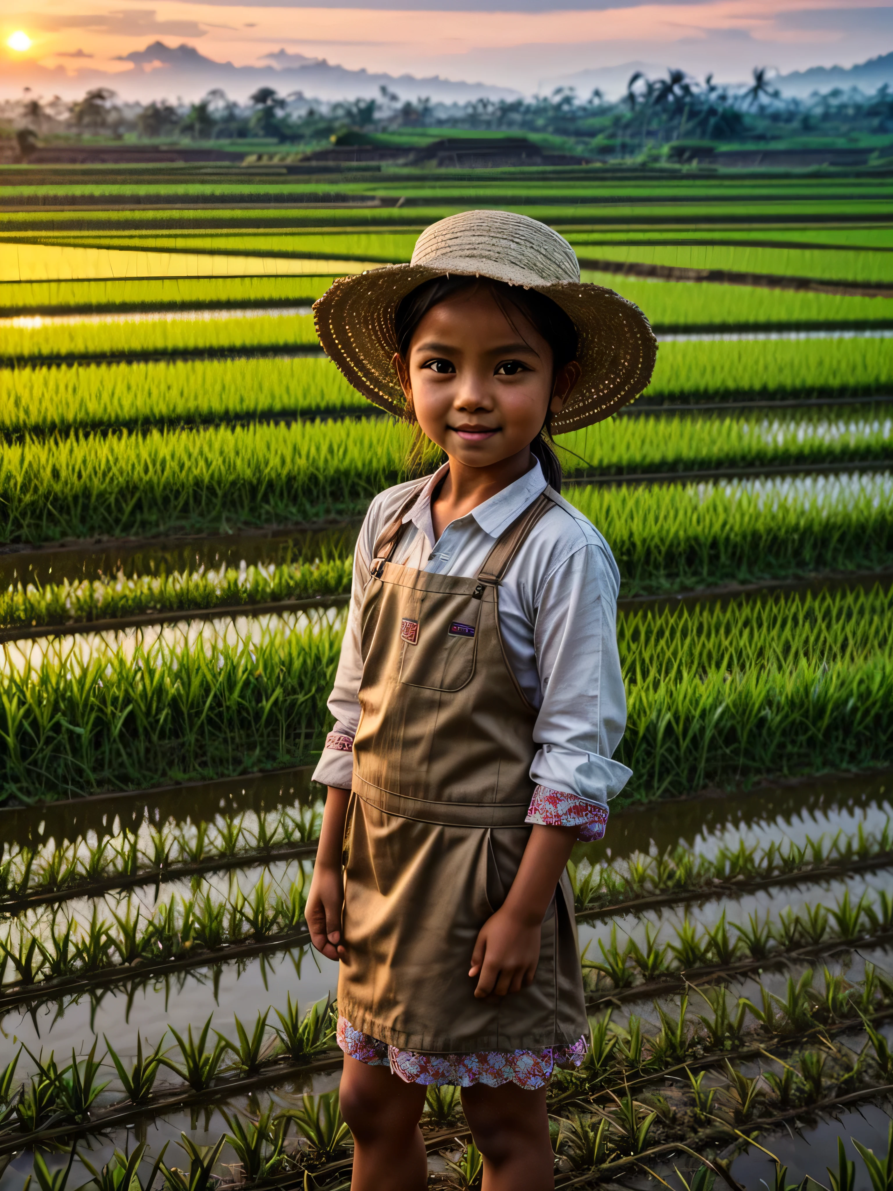 Ultra Realistic, masterpiece, high definition, highly detailed, 8K, a cute Indonesian girl , a old girl, highly detailed face, fair and glossy skin, highly detailed body, wearing farmer outfits, wearing strawhat, holding farming equipment, resembling a rural farmer, looking at the viewer, She's working on a paddy field , full body view, proper paddy field in sunset at the background, perfect background. Bulls are working in the farm, sunset, Indonesia, bali fields,greenary