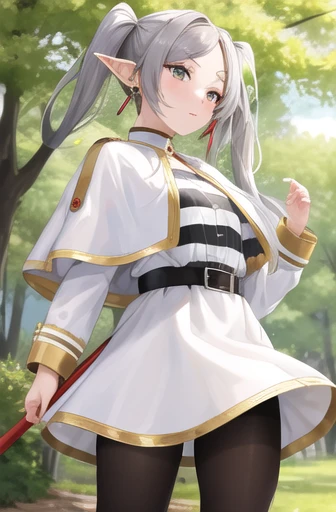 masterpiece, highest quality, High resolution, thank you, Long Hair, Gray Hair, Twin tails, Pointed Ears, Earrings, Thick eyebrows, White capelet, Striped shirt, Long sleeve, belt, White Skirt, Black Pantyhose , Are standing, Cowboy Shot, Outdoor, Retention Staff,