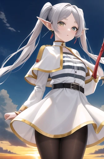 masterpiece, highest quality, High resolution, thank you, Long Hair, Gray Hair, Twin tails, Pointed Ears, Earrings, Thick eyebrows, White capelet, Striped shirt, Long sleeve, belt, White Skirt, Black Pantyhose , Are standing, Cowboy Shot, Outdoor, Retention Staff,