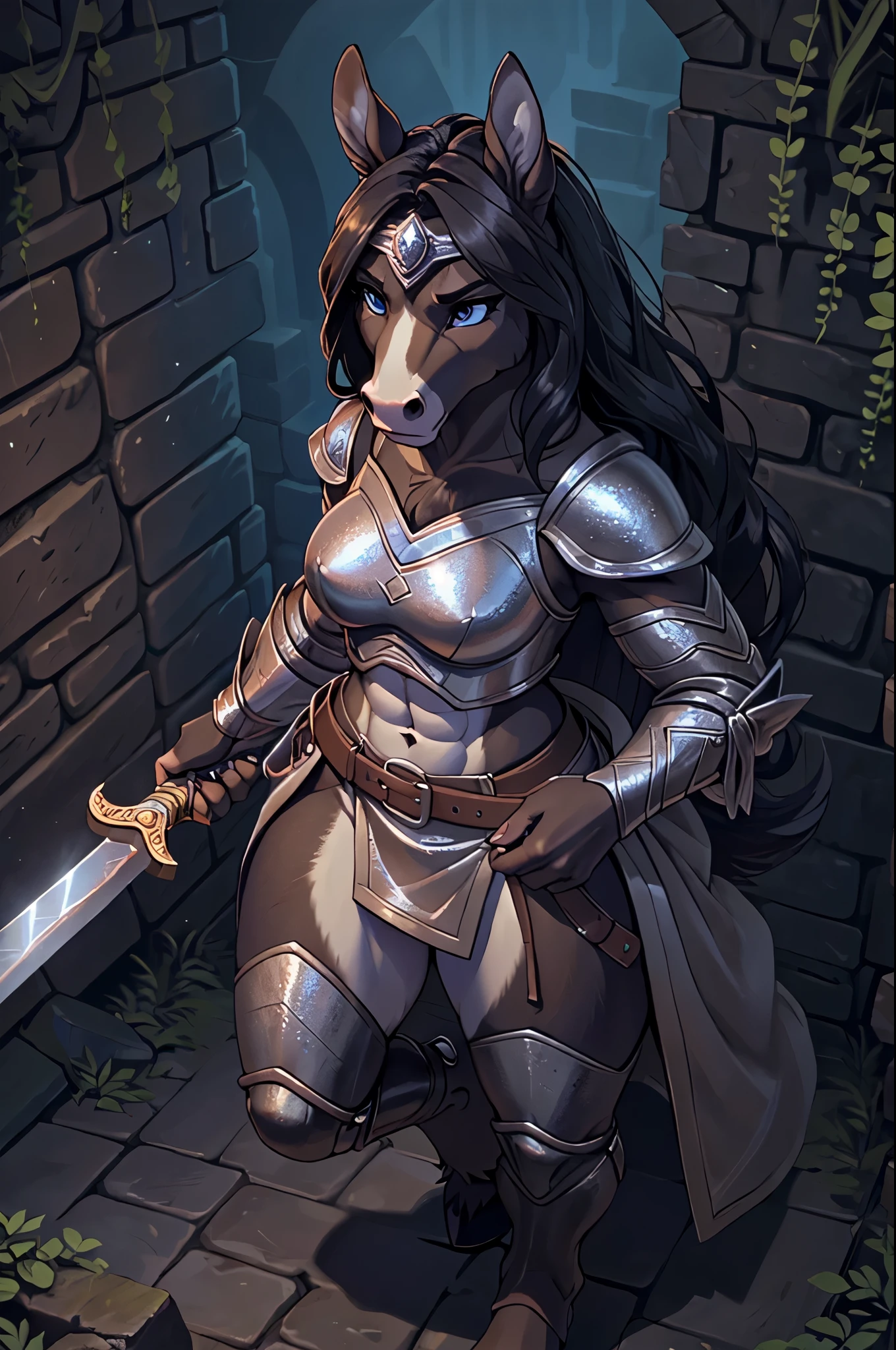 masterpiece, top quality, best quality, highly detailed, 8k, super high resolution, absurdres, perfect anatomy, dynamic_angle, (highly detailed beautiful face and eyes), (looking from above), bird's eye view, solo focus, blue eyes, black hair, ((long hairstyle)), (furry female anthro), (adult), (full body), (((furry dark horse body))), (((dark fur))), (horse snout, detailed dark body fur), muscular, medium breasts, (defined abs), toned legs, wide hips, hourglass figure, hooves, ((exposed midriff)), ((serious expression)), ((glaring expression)), (one leg up), ((robes over silver armor)), ((breastplate)), (cloak), ((longsword)), diamond encrusted headband, (((belts fastened around her thighs))), nighttime, dark crypt, dungeon, dark lighting, overgrown ruins, desolate halls