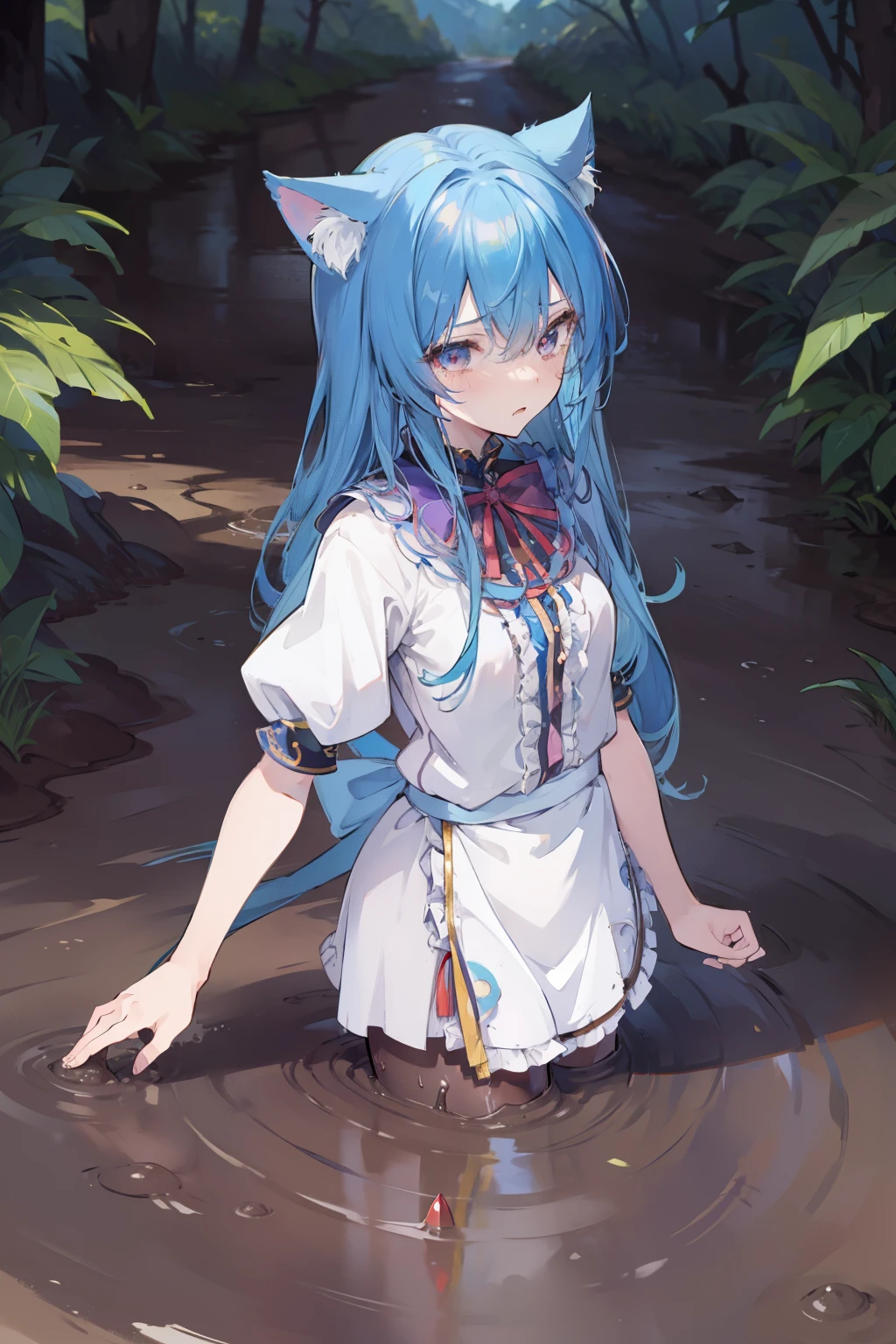 (masterpiece:1.2),Super detailed,Practical,expressive eyes,Fair skin,Perfect face shaping,1 Girl,
Japanese cartoons,Gorgeous blue hair, the long flowing blue hair,Floating clothes,Cat ears,beautiful lola,Young Angel,
Struggling in the mud, Legs stuck in the mud, Covered in dirt, With an expression of despair,crying