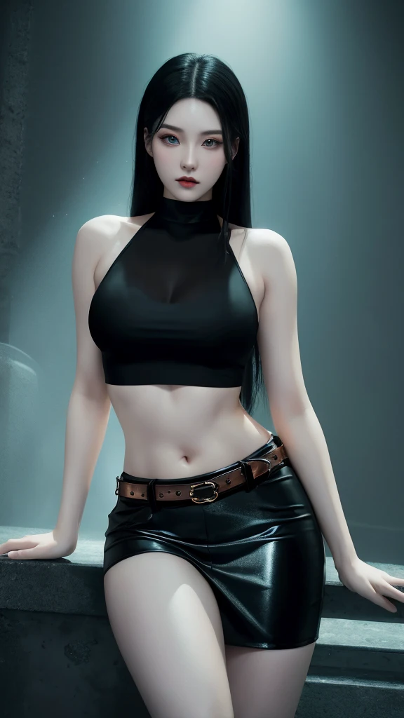 Photorealistic, Ultra realistic, 16k, high quality, cinematic lights, dream atmosphere, dream aesthetic, 1girl, korean hot model (kpop superstar), tall, black hair, realistic silky hair(red), cute pale-turquoise eyes (shiny look), long flowing hair(realistic), gothic makeup, pale-white skin illuminated, realistic textured skin, realistic shading, tall, alternative outfit, cleavage, large natural breasts, (black crop top:1.2), bare shoulders, black midriff, black miniskirt, realistic textures, belt, 16k resolution, detailed face and eyes, muscular female body, strong arms, lean belly, big hips, muscular thighs, thick legs, full body, realistic, style-paintmagic, different positions at different types of angles. 