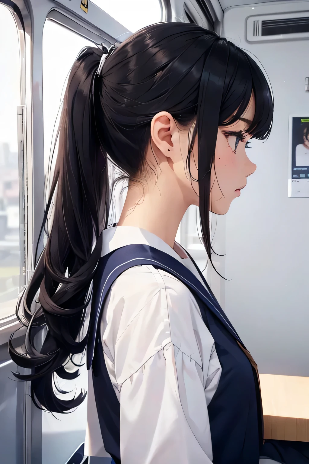 highest quality、High resolution、Detailed Background、(Beautiful face in every detail:1.4)、Anatomically correct、(Draw the usual number of fingers:1.2)、(Detailed facial expressions)、(Detailed eyes:1.2)、(Detailed eyes:1.2)、Beautiful, smooth skin、Teenage beauty、(Highly detailed face:1.4)、cute hair color、ponytail、Bobcut、Braided long hair、Wavy Hairstyle、well-groomed eyebrows、Perfect body line、In a crowded train、Navy blue sailor suit、White sailor collar、Checkered Pleated Skirt、White knee-high socks、
(A cute girl commuting to school by train:1.5)、
Super close-up of a sexy nape from directly behind、Close-up of the nape from directly behind、cute