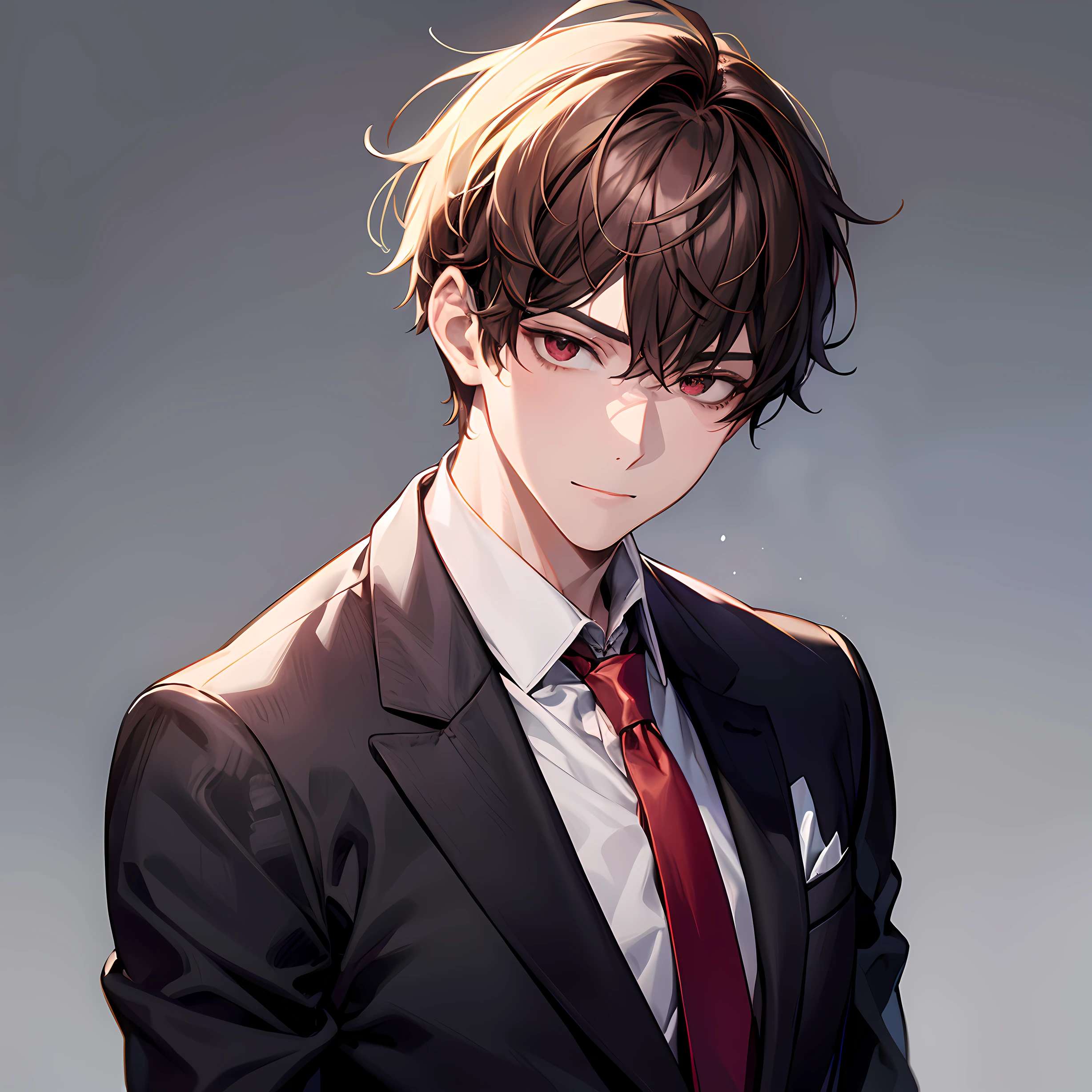 1man, Face Focus, [[[Adults]]], Business suits, jaket, white  shirt, neck tie, Underpants, frontage, top-quality, adopt, A detailed face, simple background、white backgrounid、[[[Dark hair]]]、[[[red eyes]]]、confident facial expression、The upper part of the body、ember、astringency、Suspicious smile、30-years old